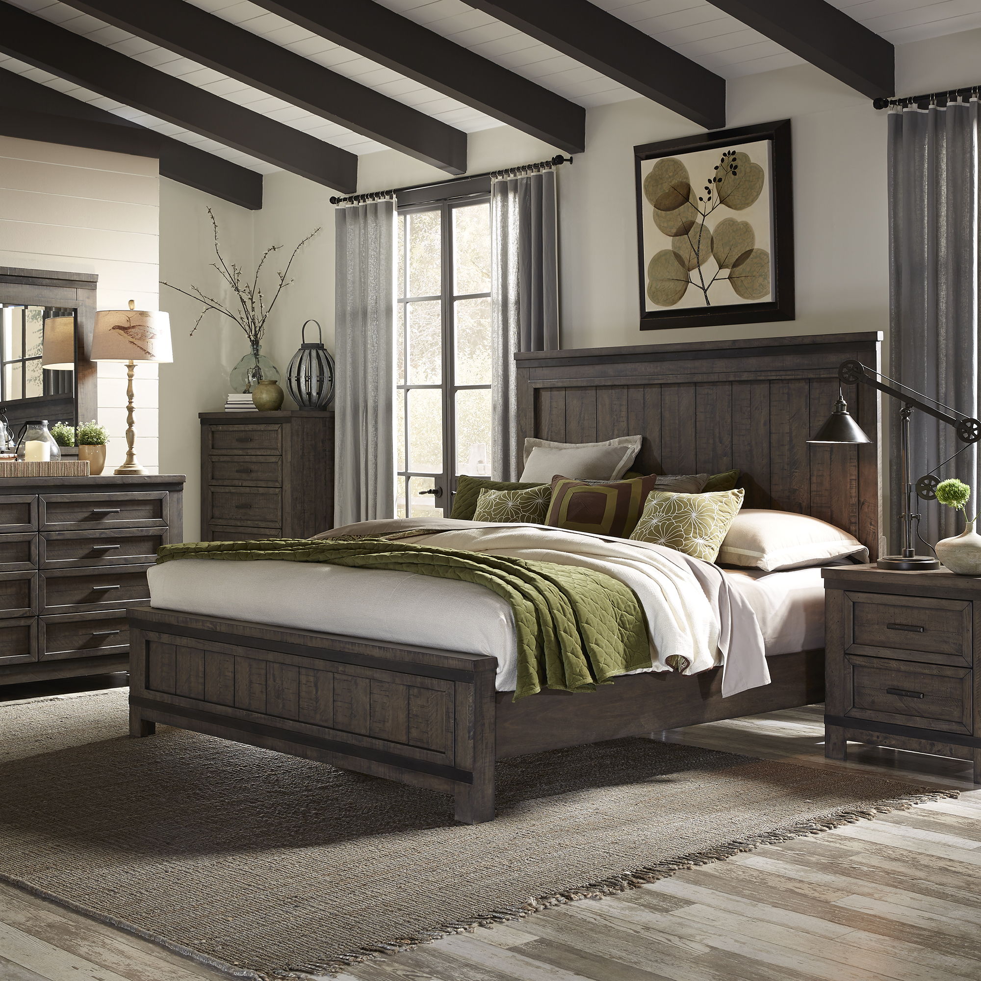 Liberty Furniture Thornwood Hills - 5 Piece Bedroom Set (Queen Panel Bed, Dresser & Mirror, Chest, Nightstand) - Dark Brown