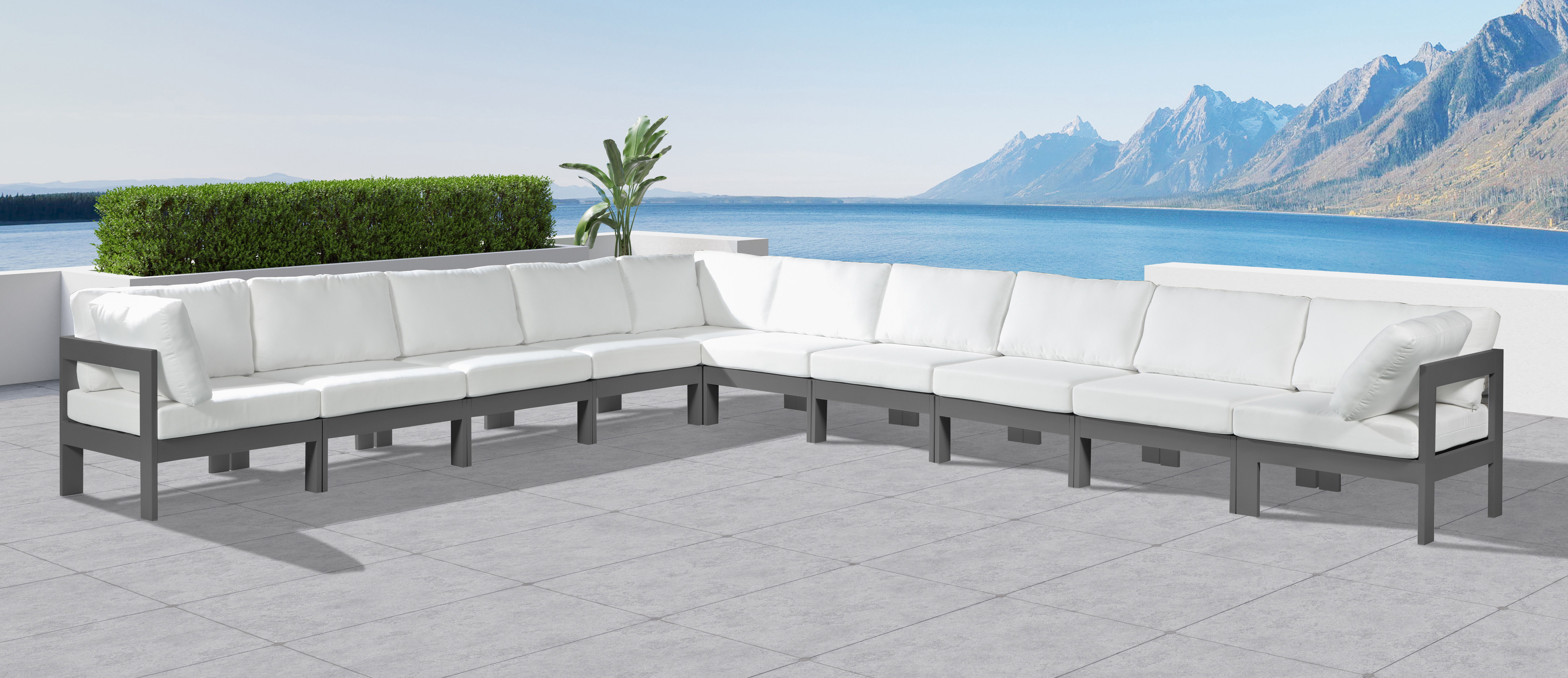 Nizuc - Outdoor Patio 10 Piece Modular Corner Sectional With Gray Frame - White