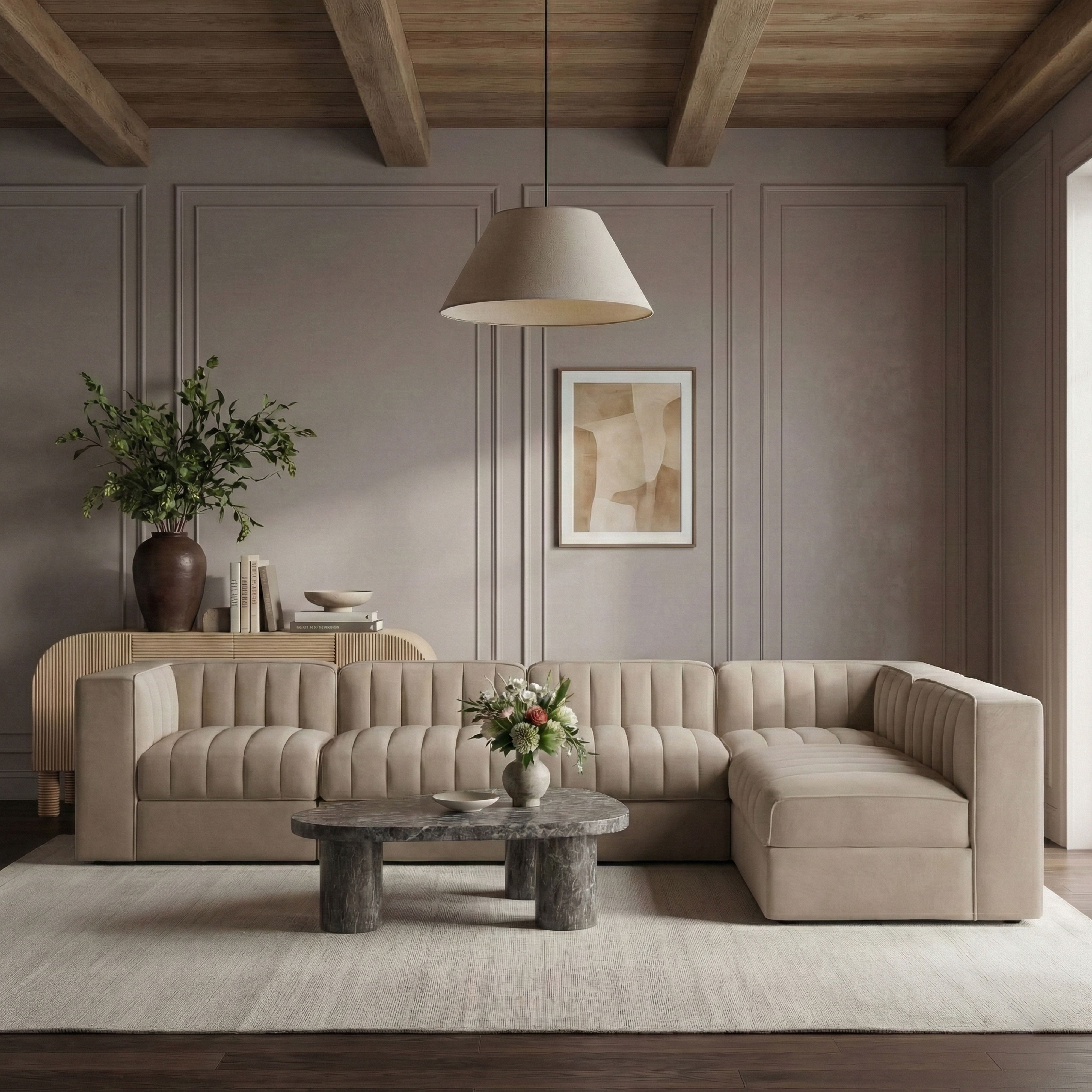 Rummi - Velvet Performance Fabric Upholstered 6 Piece Modular Sectional - Beige