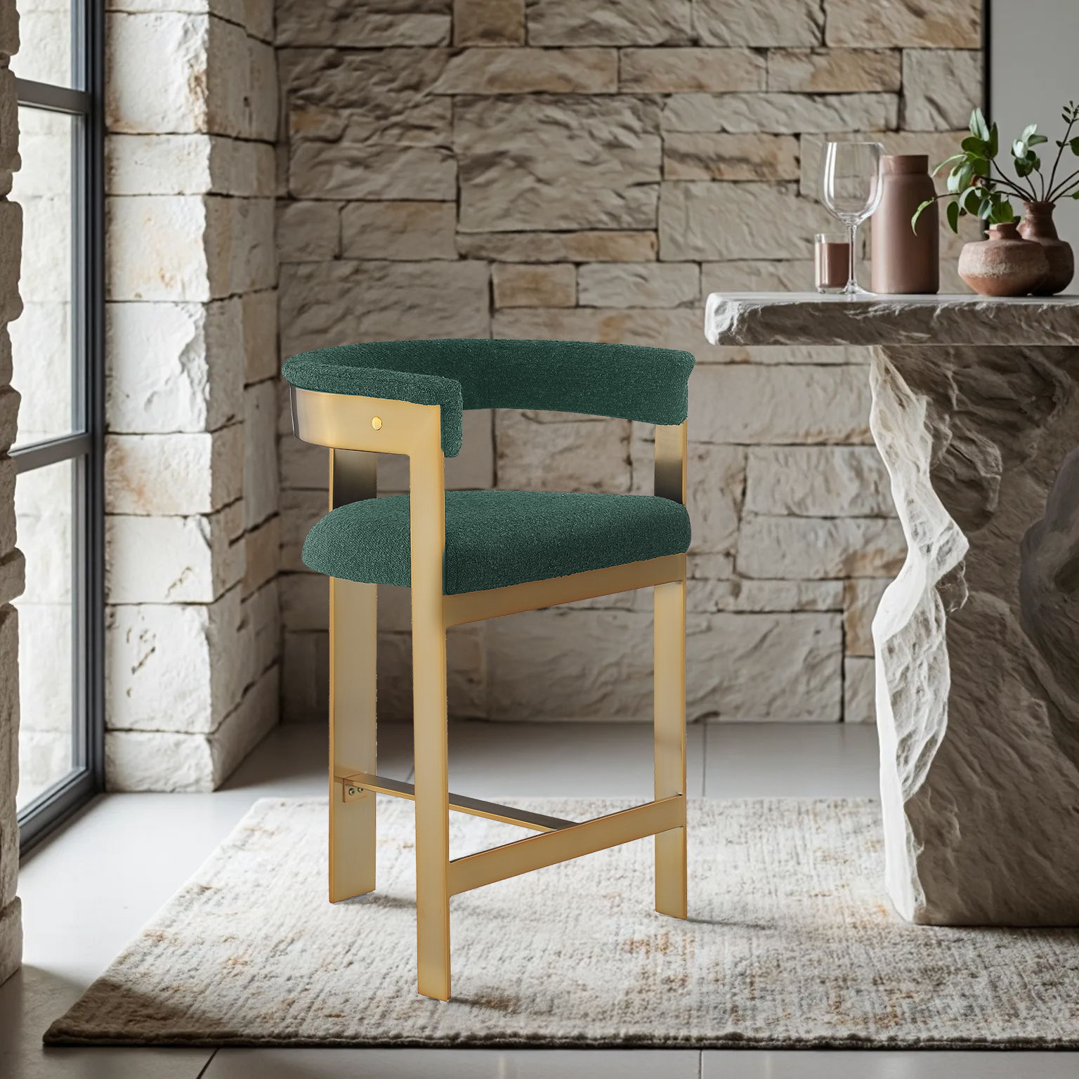 Romeo - Boucle Counter Stool With Gold Base (Set of 2) - Green