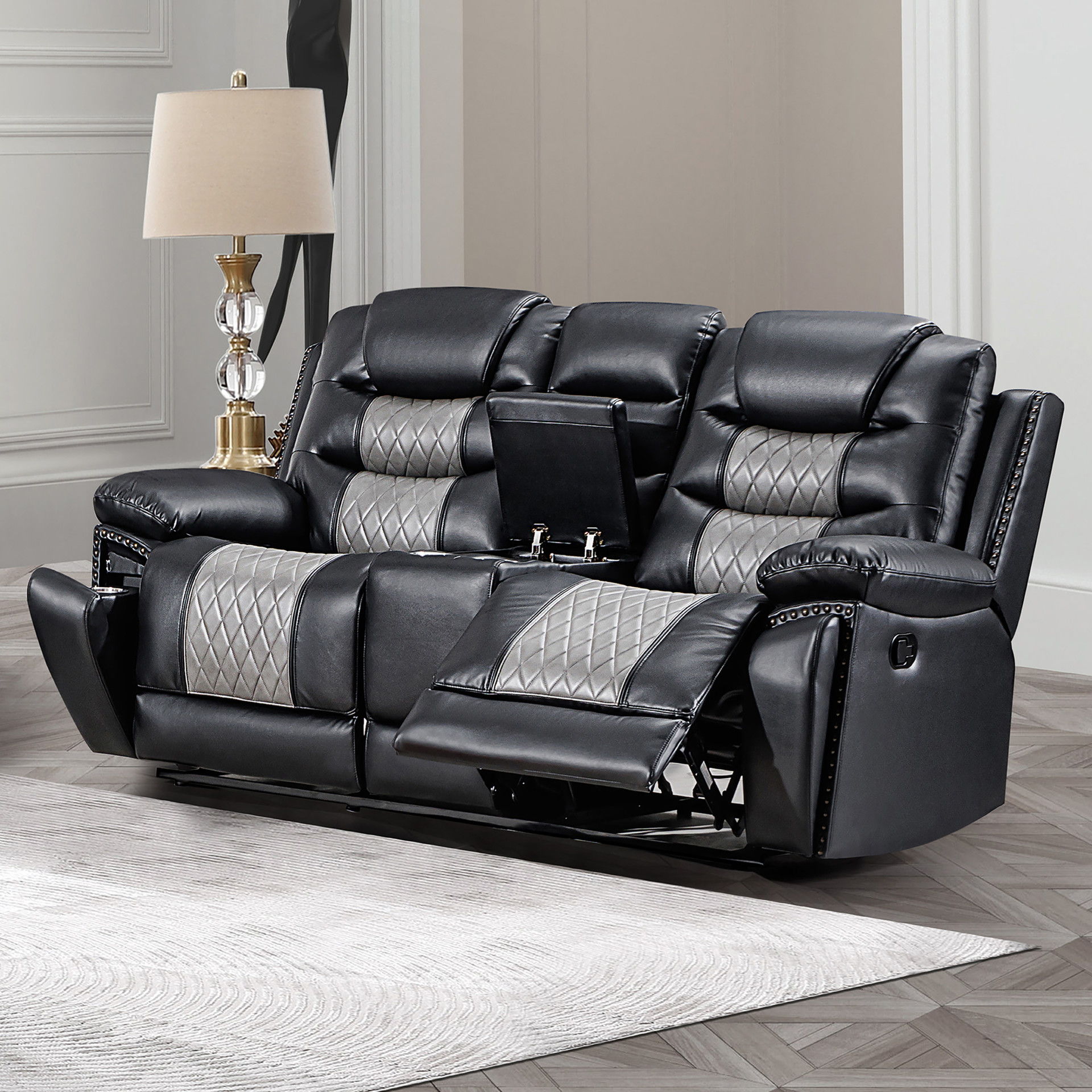 Nikko - Console Loveseat With Dual Recliners - Black / Gray, black