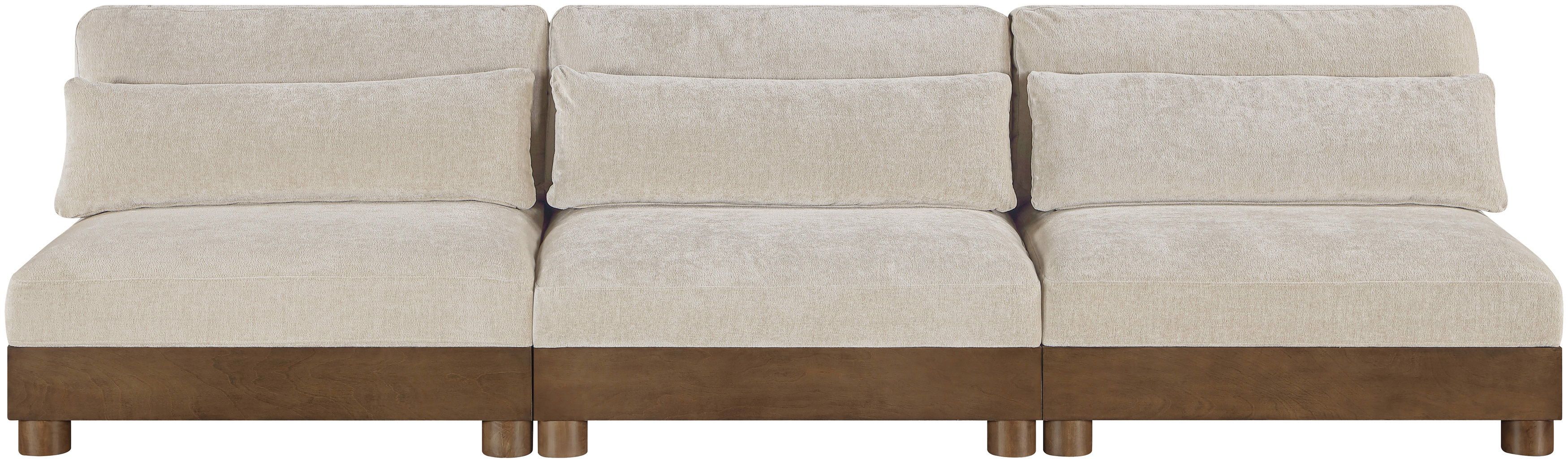 Turin - 120" Chenille Fabric Upholstered 3 Piece Modular Sofa (3 Armless Chairs) - Taupe / Brown Walnut