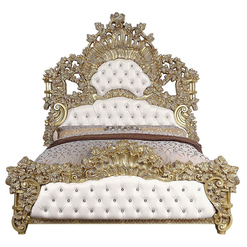 Bernadette - Eastern King Bed - White Synthetic Leather Fabric & Gold, white, view 3