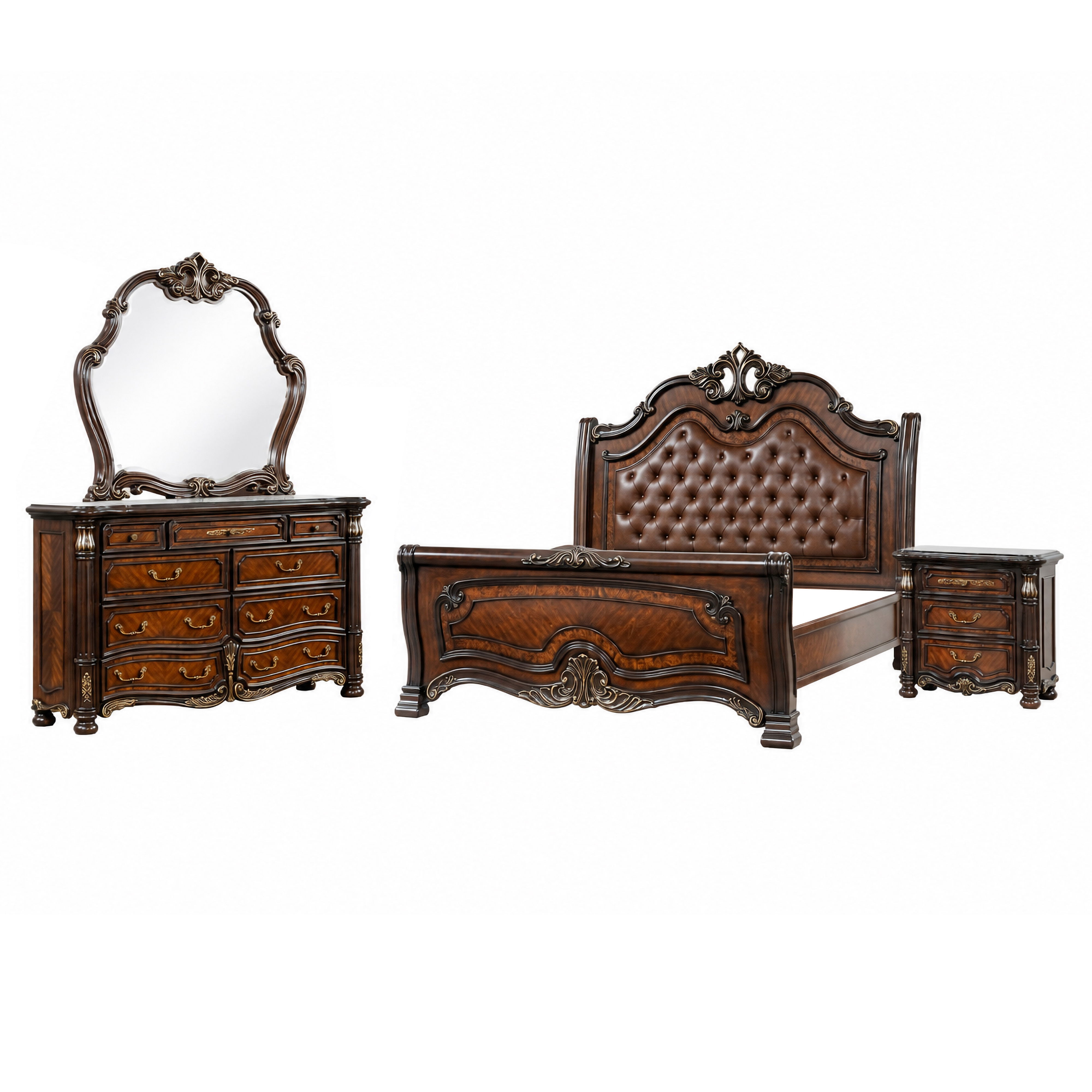 Queen · 4 Pc · Padded Sleigh Bed, Dresser, Mirror, Nightstand