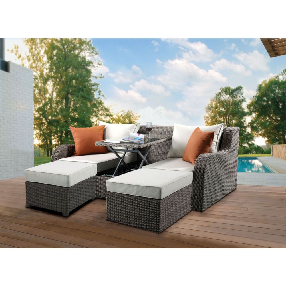 Salena - Patio Sofa With 2 Pillows & 2 Ottomans - Beige Fabric & Gray Wicker, beige