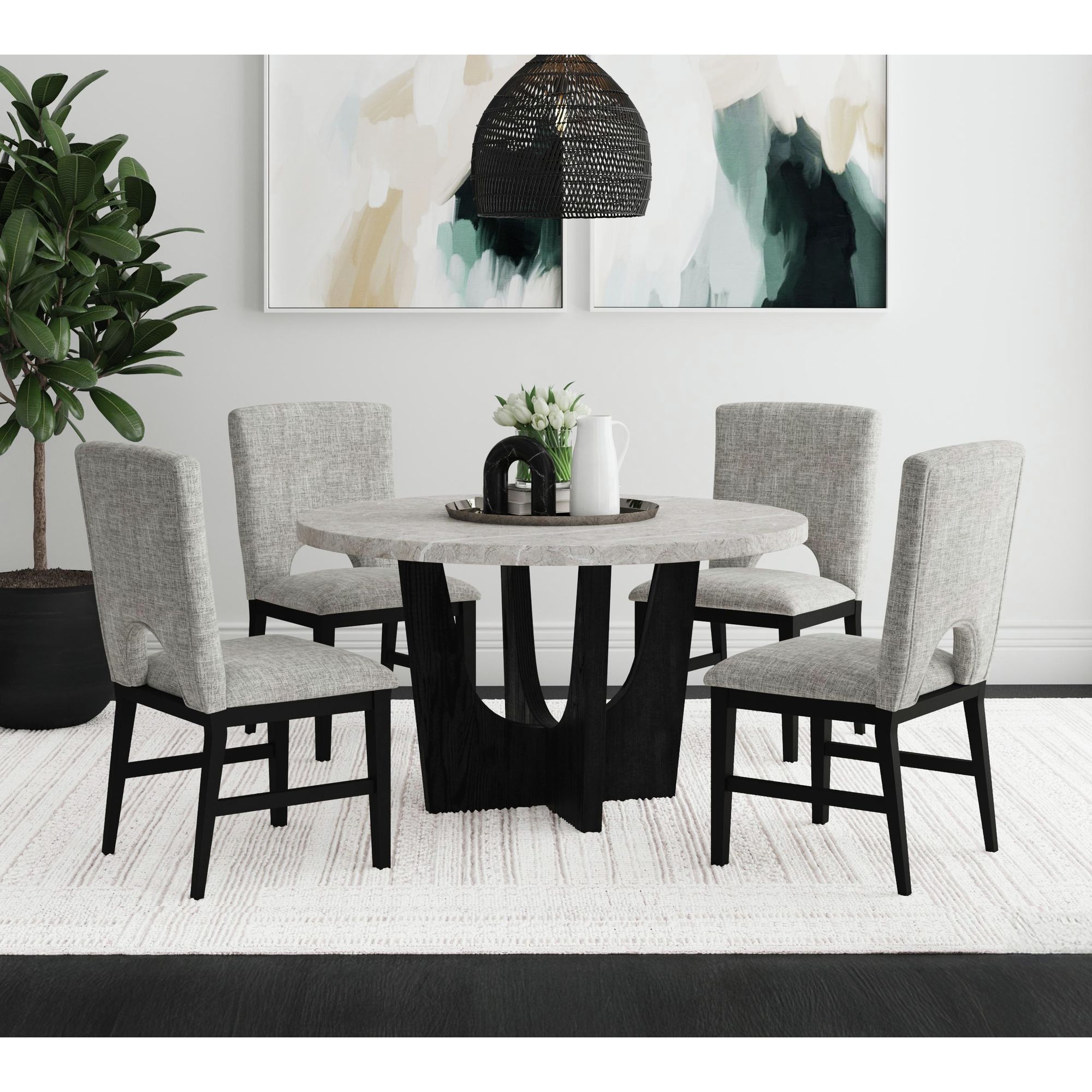 Oregon - Round Dining Table With Faux Marble Top - Black / Gray