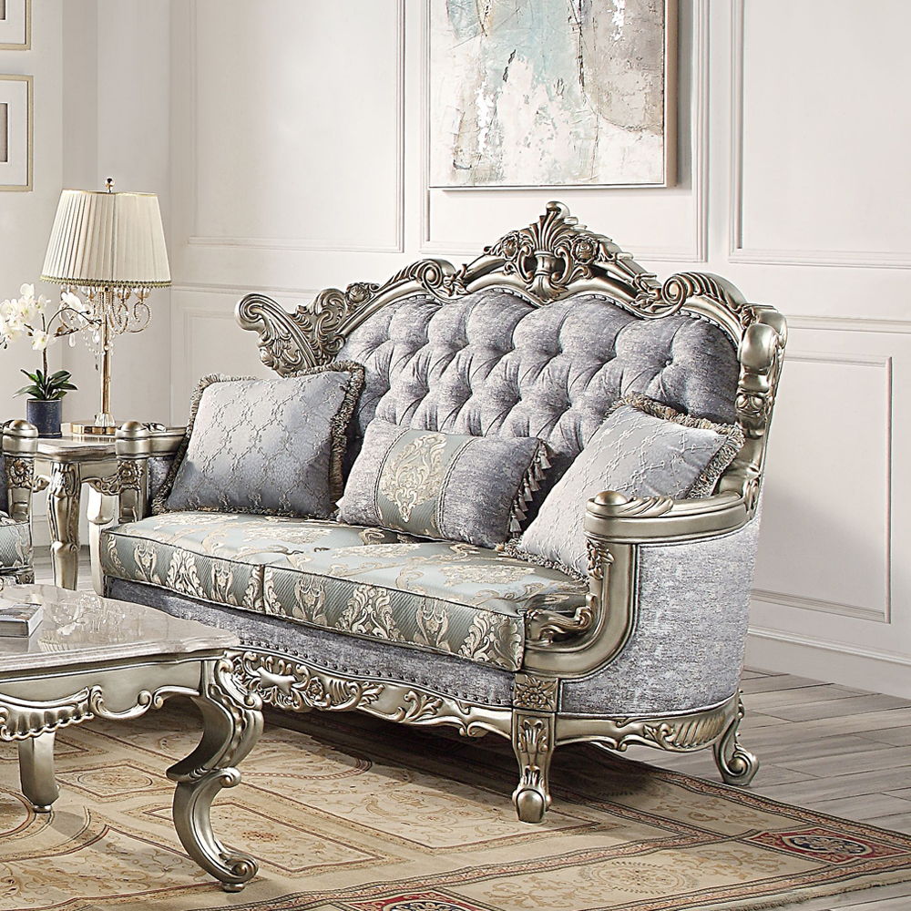 Miliani - Loveseat With 3 Pillows - Fabric & Antique Bronze, silver