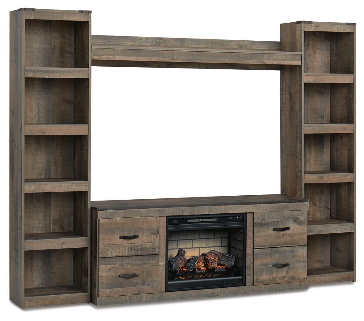 Trinell – 4-Piece Entertainment Center With 60″ TV Stand And Faux Firebrick Fireplace Insert – Brown