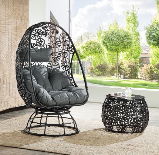Hikre - Patio Lounge Chair & Side Table - Clear Glass, Charcoal Fabric & Black Wicker, dark gray