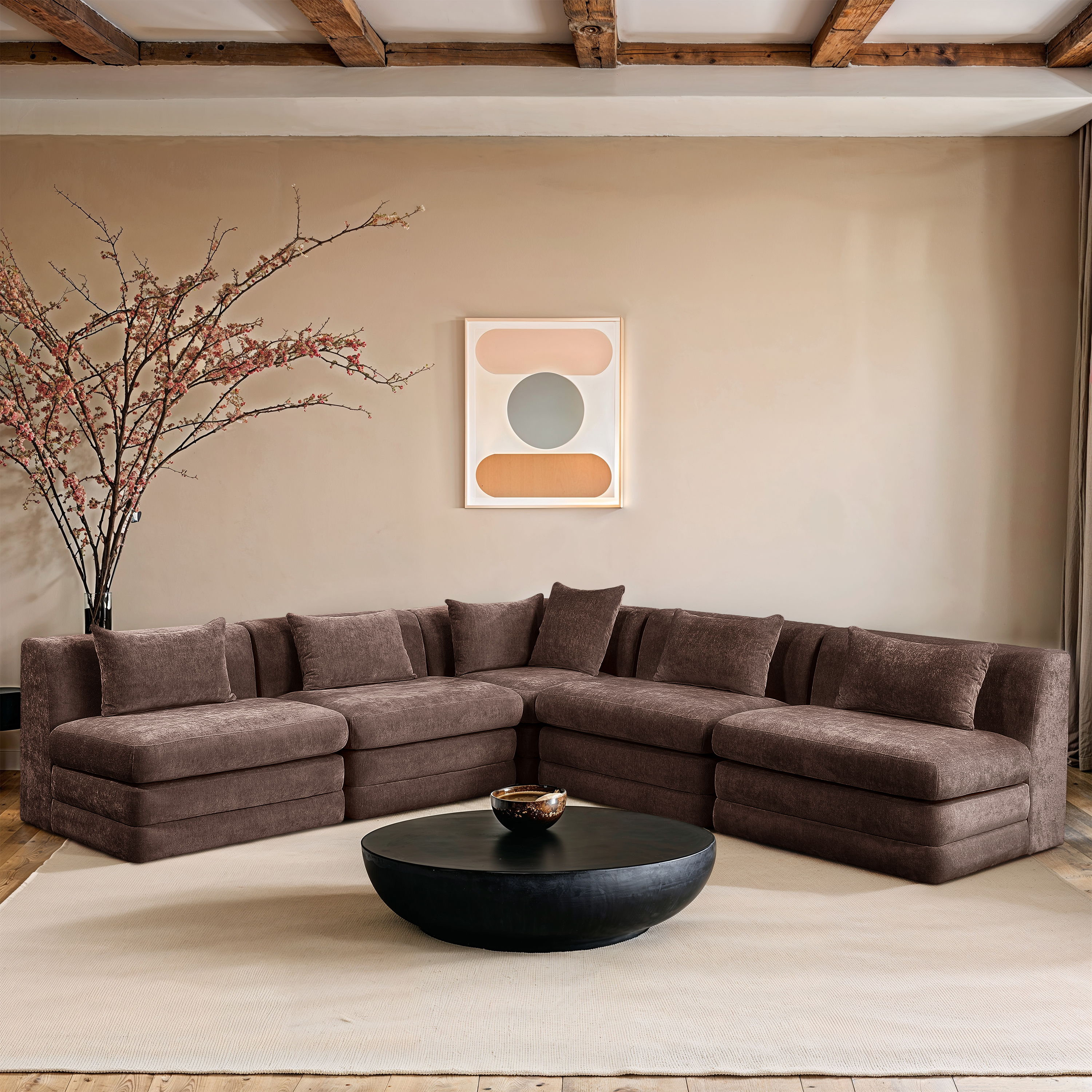 Stellar - 5 Piece Chenille Fabric 114" Upholstered Modular Sectional - Brown