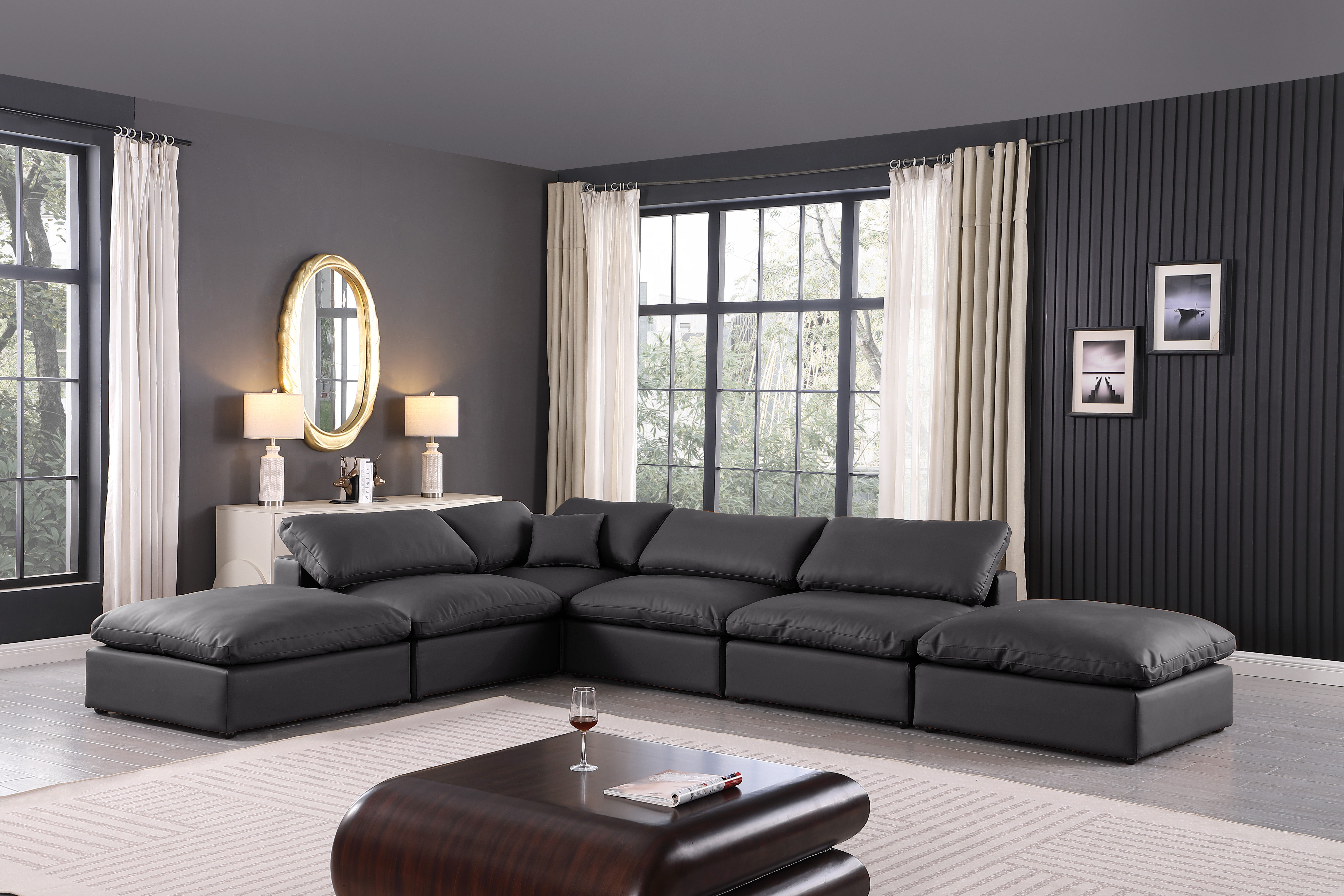 Comfy - 6 Piece Faux Leather Modular Sectional - Charcoal