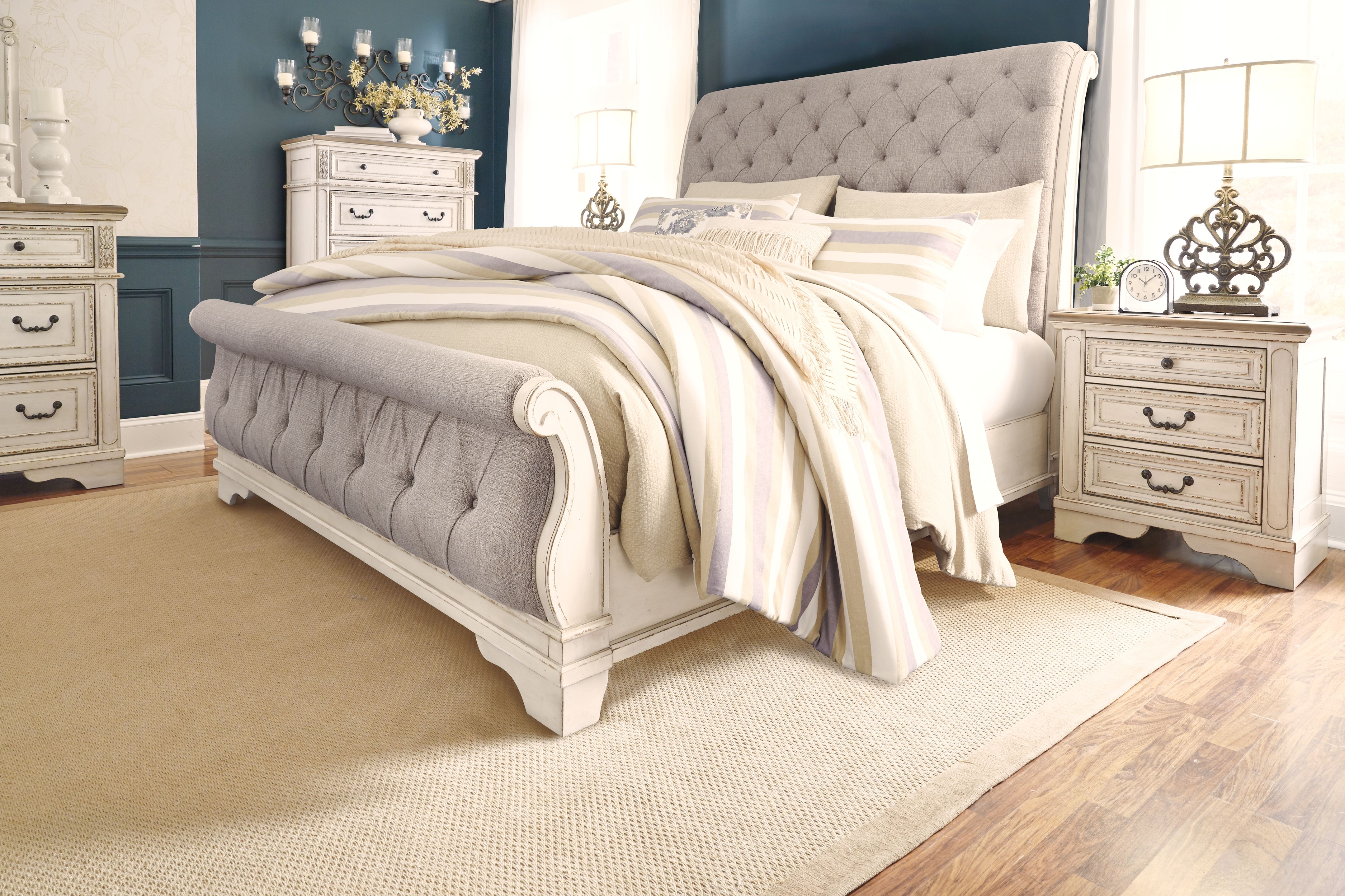Ashley Furniture Realyn - California King Upholstered Sleigh Bed - Chipped White - Image 9