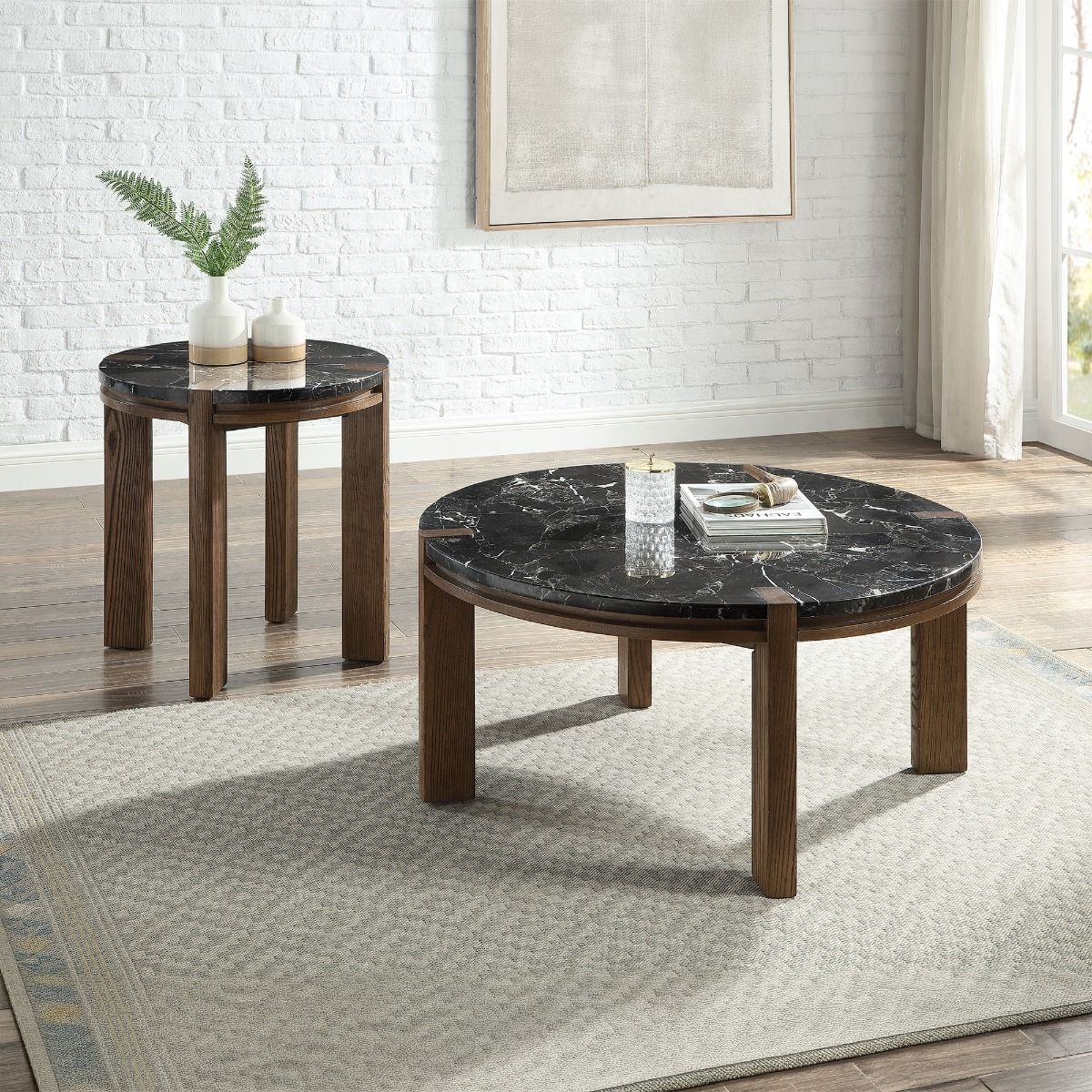 Estella - Coffee Table With Natural Marble Top - Black Top & Walnut, dark brown, view 2