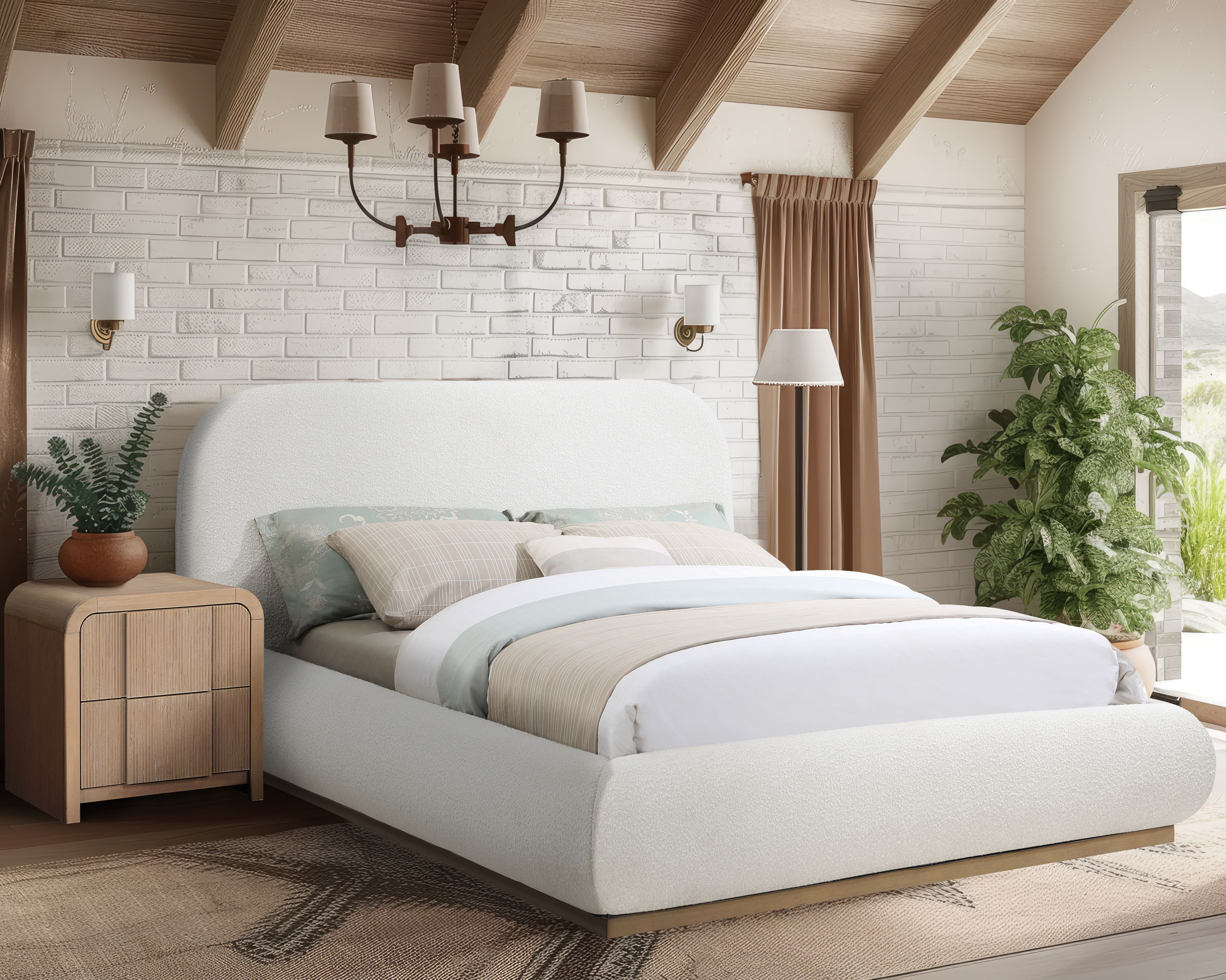 Vaughn - Boucle Queen Bed With Natural Base - Cream
