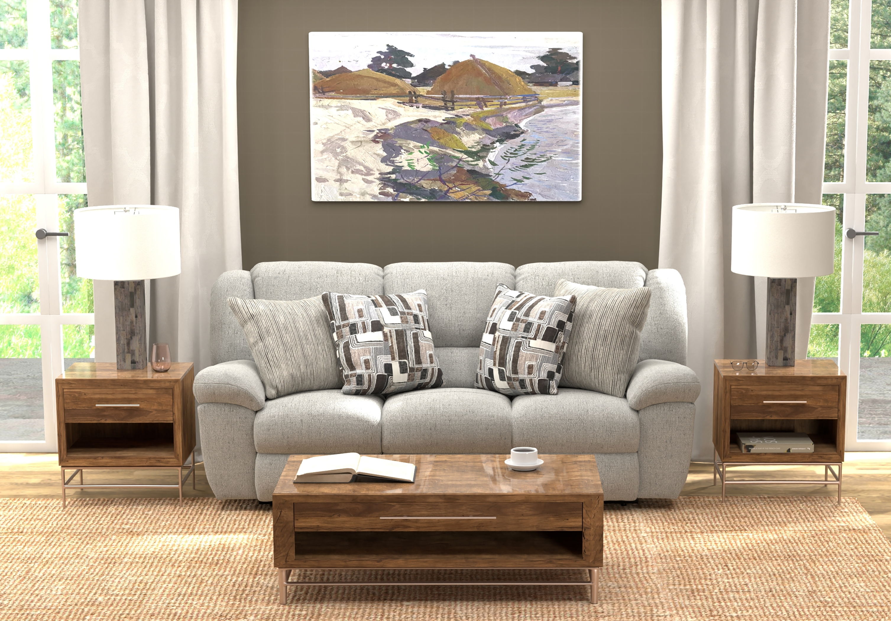 Trifecta - Power Sofa With 3 Recliners And Drop Down Table - Nature