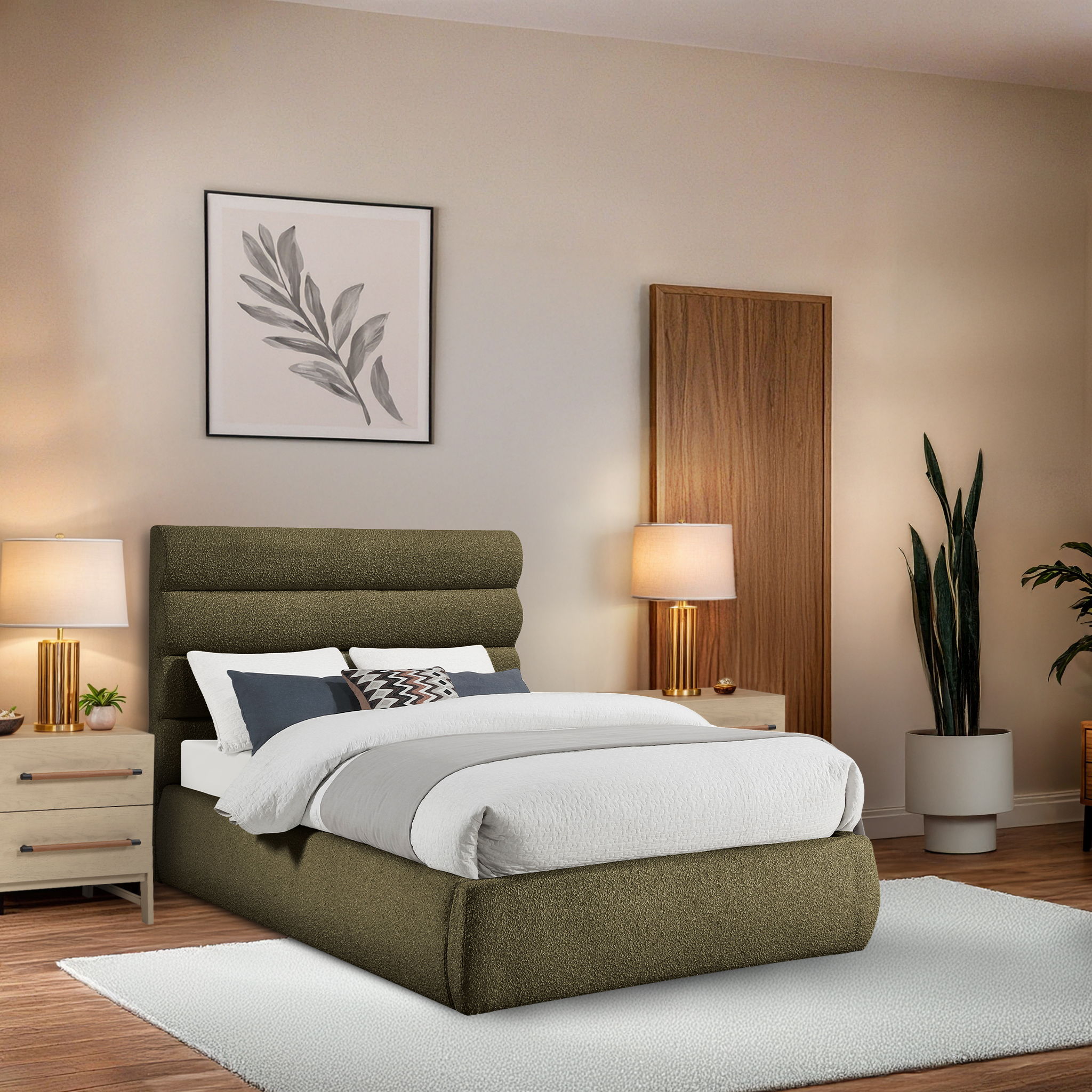 Adam - Boucle Fabric Full Bed With 52" Headboard - Olive