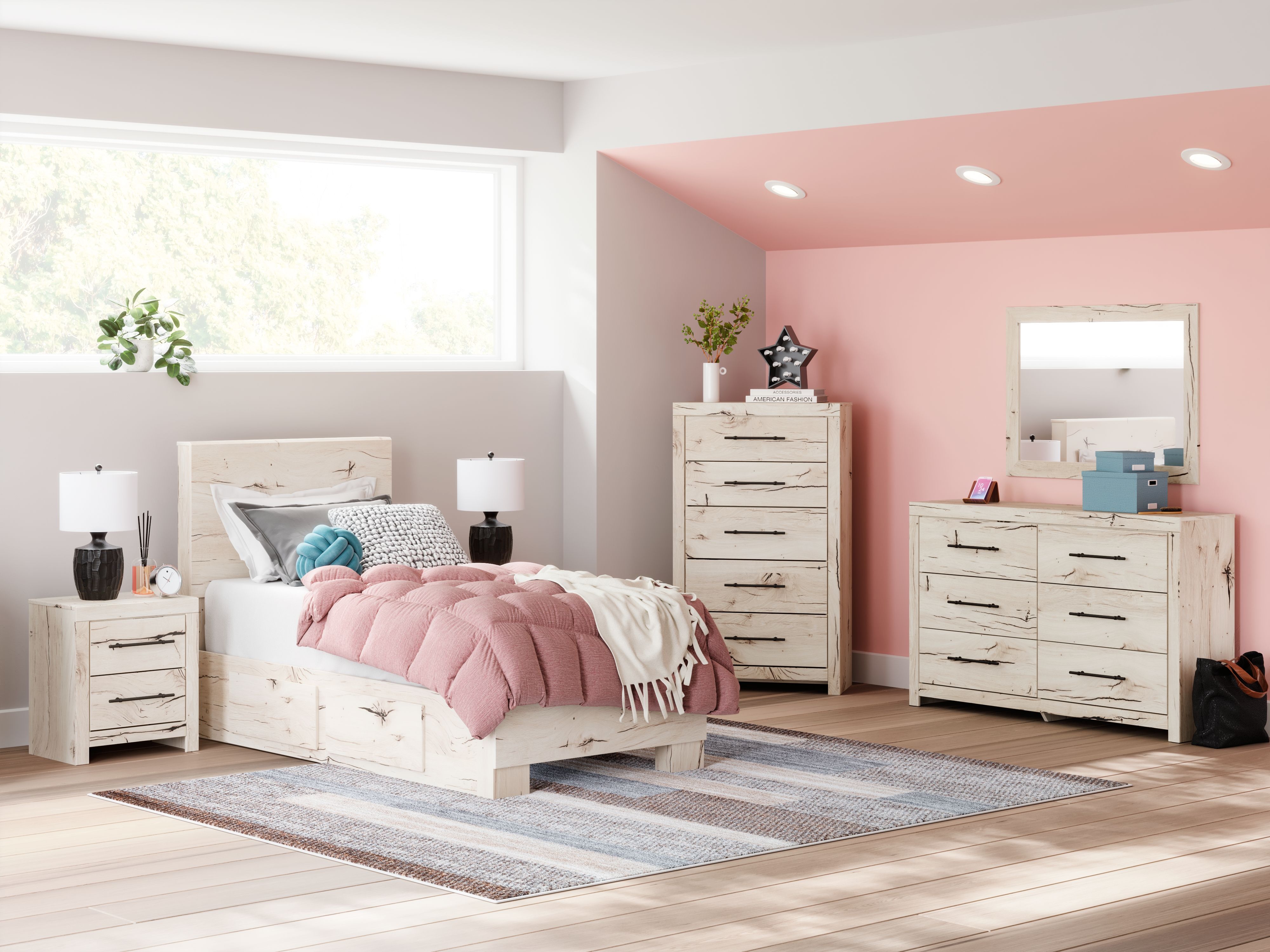 Ashley Lawroy - Light Natural - 8 Pc. - Dresser, Mirror, Chest, Twin Panel Bed With 2 Under Bed Storage Units