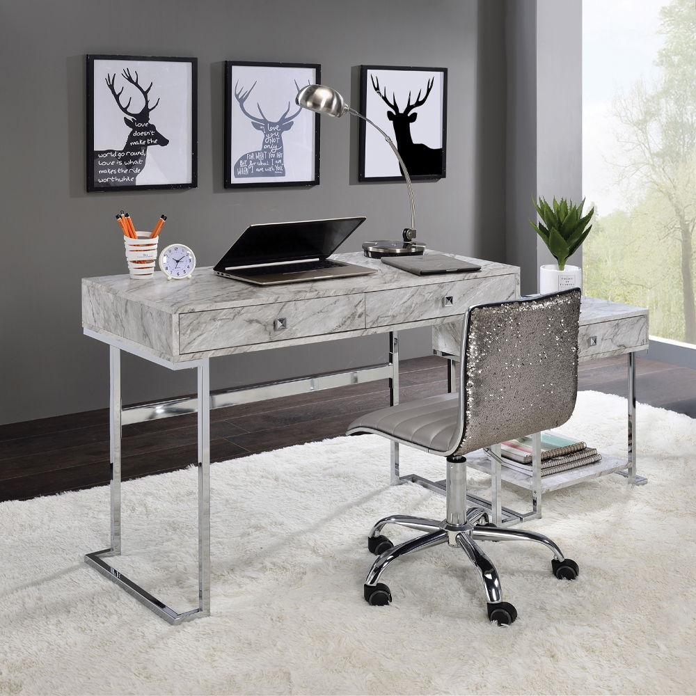 Tigress - Writing Desk - White Printed Faux Marble Top & Chrome, white, view 7