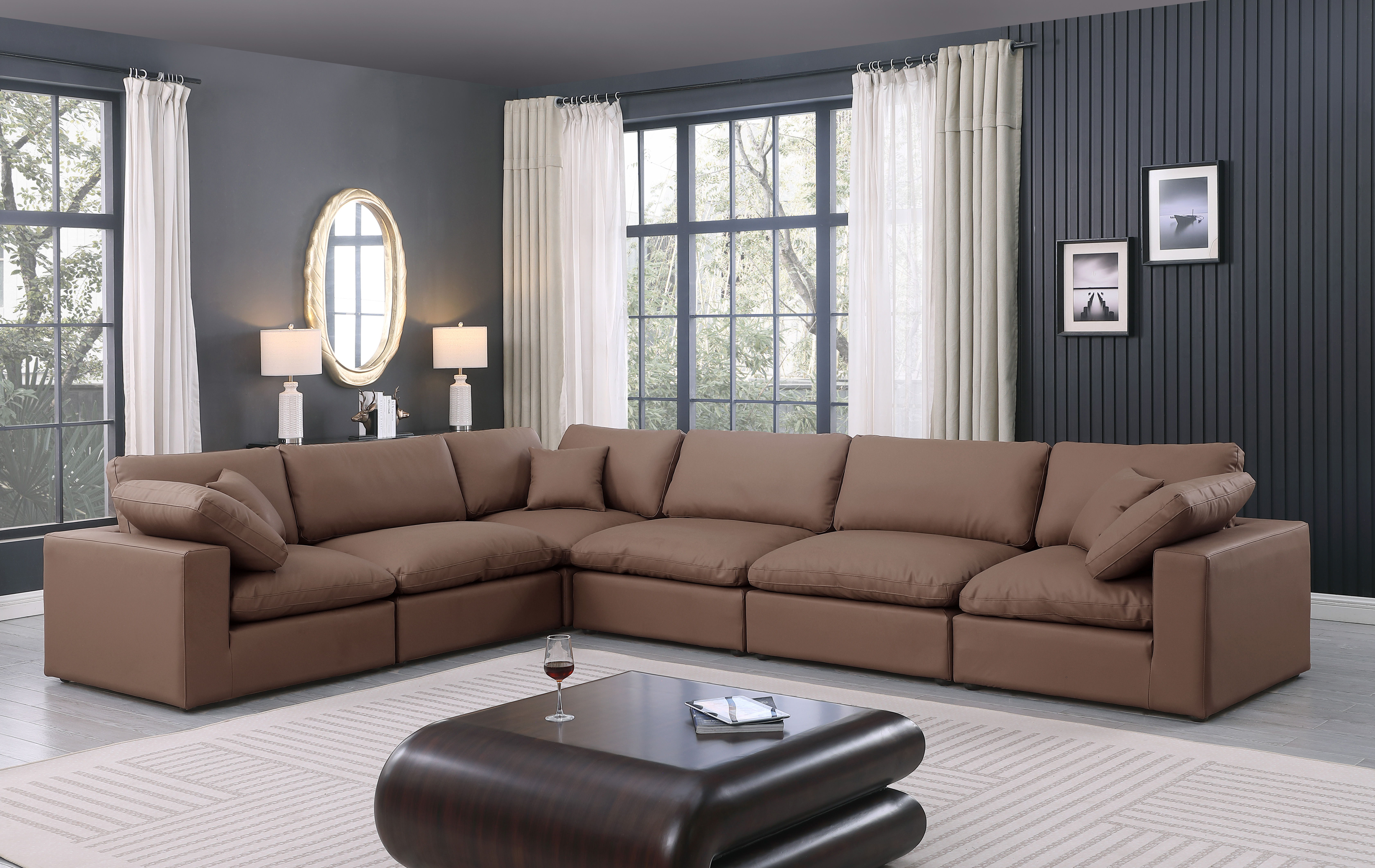 Comfy - 6 Piece Faux Leather Modular Corner Sectional - Brown