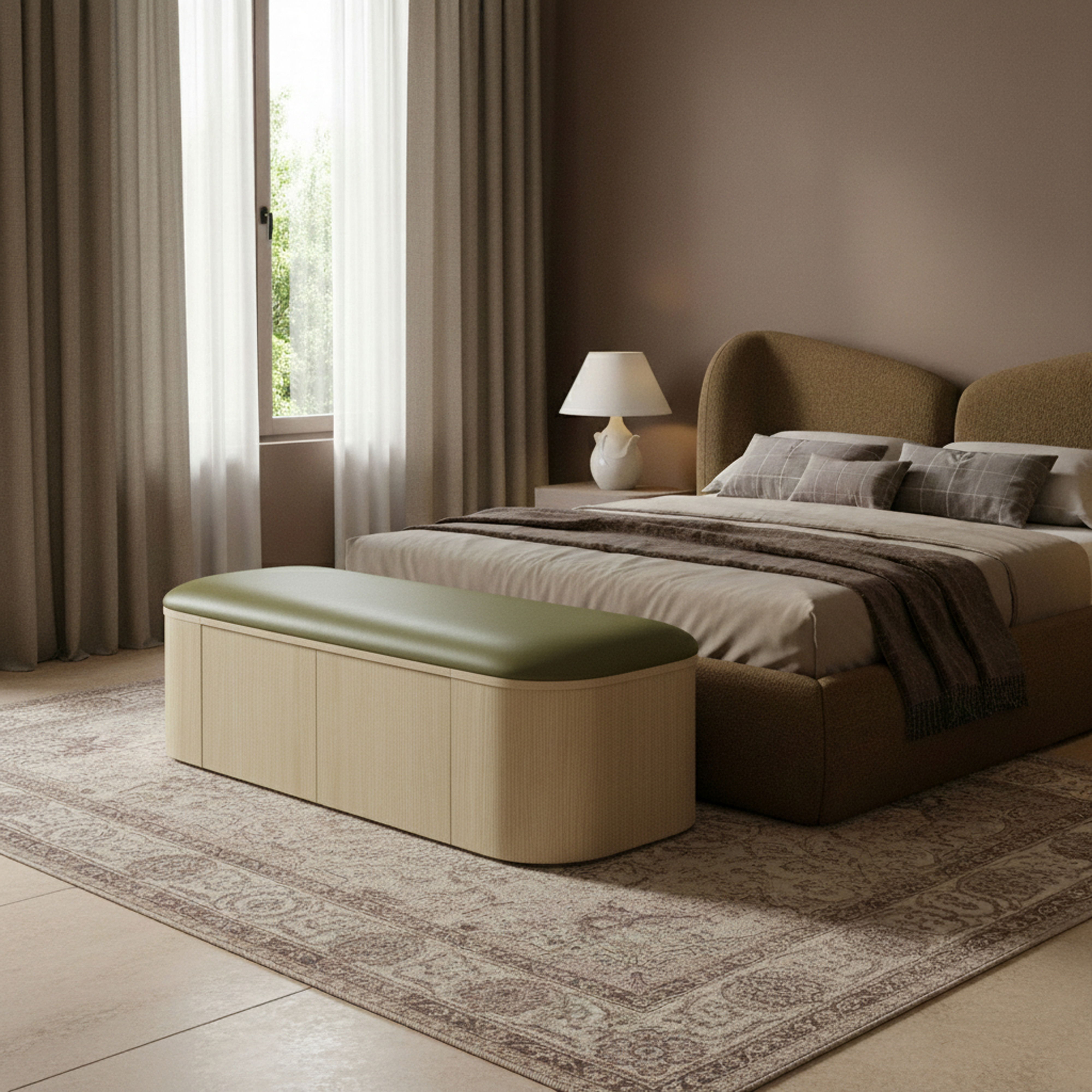 Velden - Vegan Leather Upholstered Storage Bench - Olive / Stained Natural
