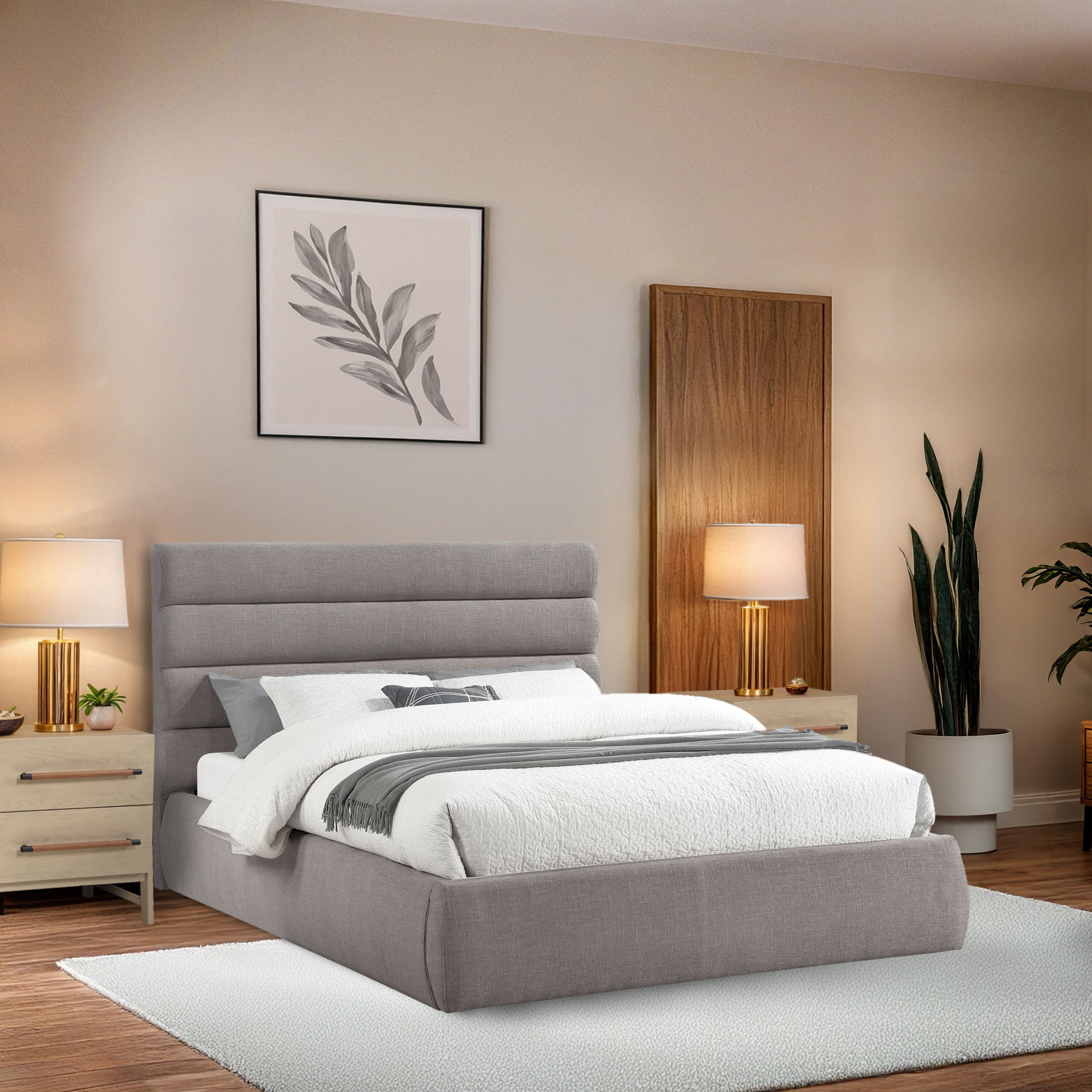 Adam - Linen Fabric Queen Bed With 52" Headboard - Taupe