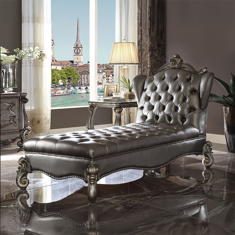Versailles - Chaise Lounge - Silver Synthetic Leather & Antique Platinum, silver