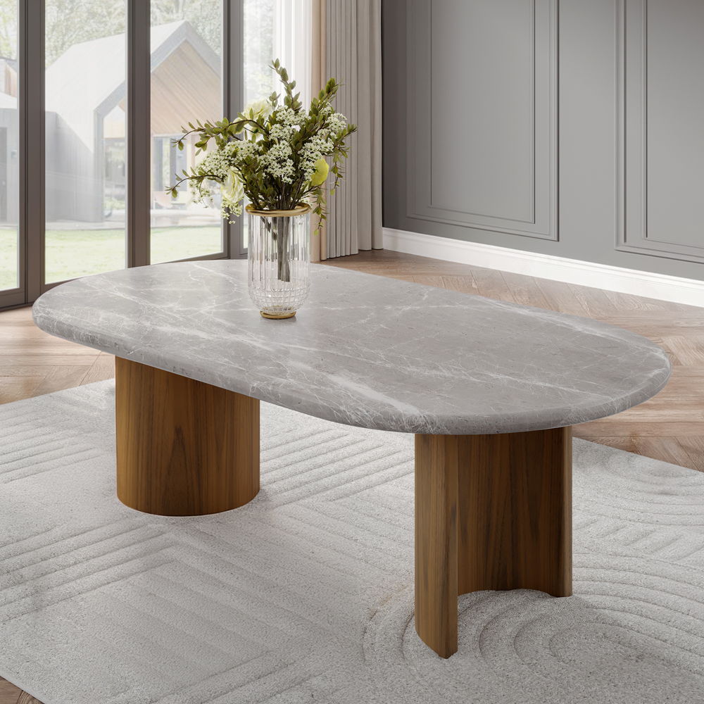 Darcy - Dining Table - Natural Marble Top & Dark Walnut, light brown