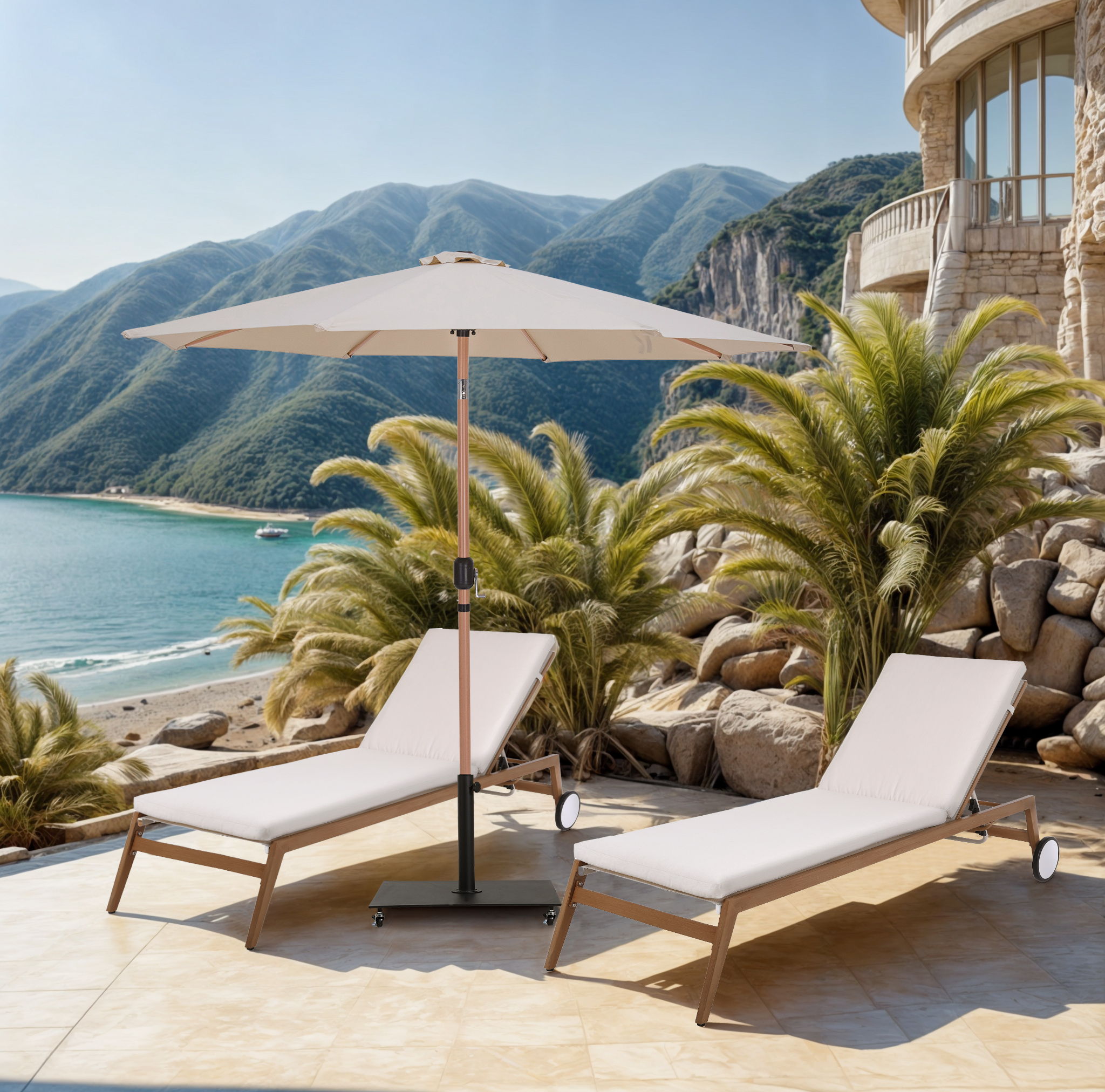 Fiji - Aluminum Patio Umbrella With Square Black And Teak Base - Beige