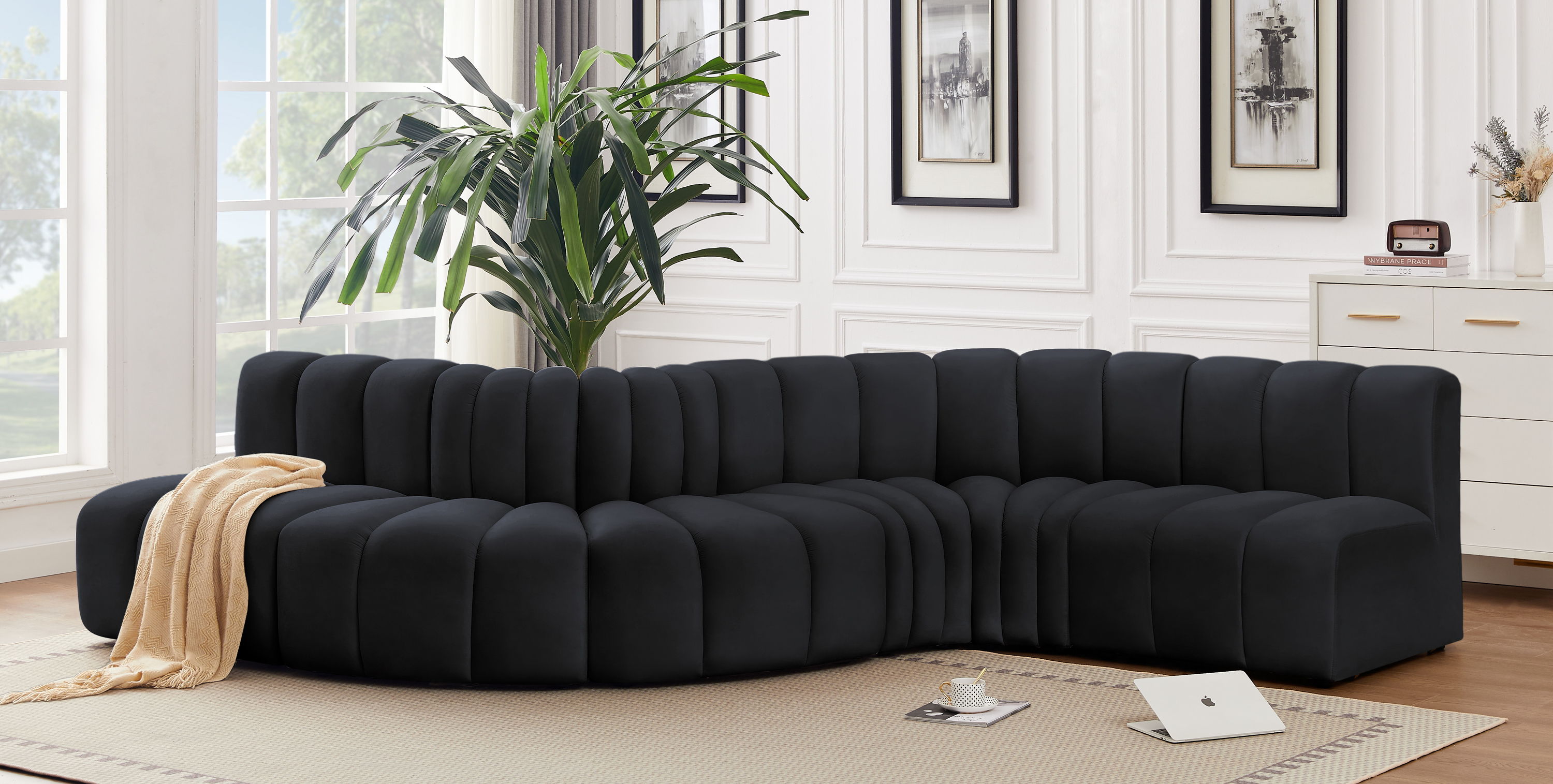 Arc - Velvet 6 Piece Curved Modular Sofa - Black
