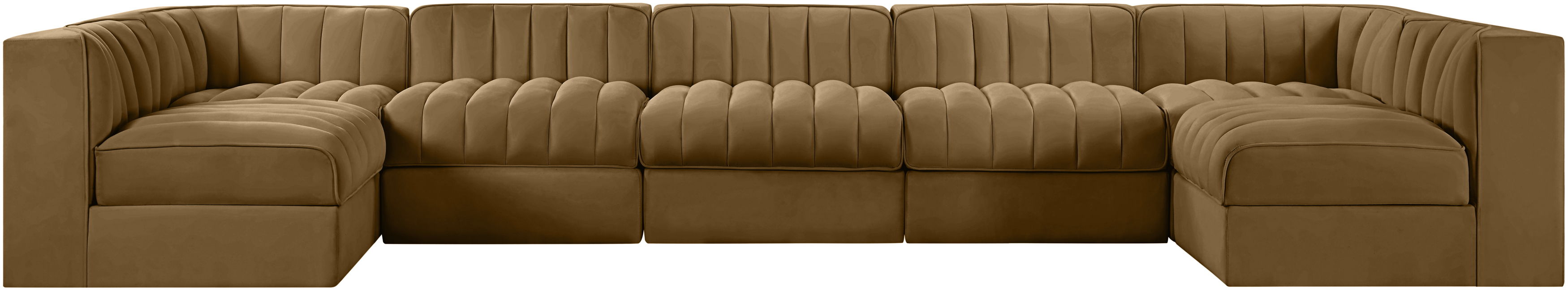 Rummi - Velvet Performance Fabric Upholstered 7 Piece Modular Sectional (With 2 Corner Chairs) - Saddle