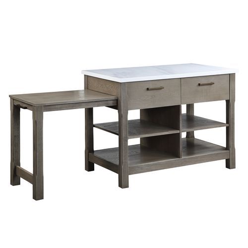 Feivel - Kitchen Island With Pull Out Table - Marble Top & Rustic Oak, dark gray