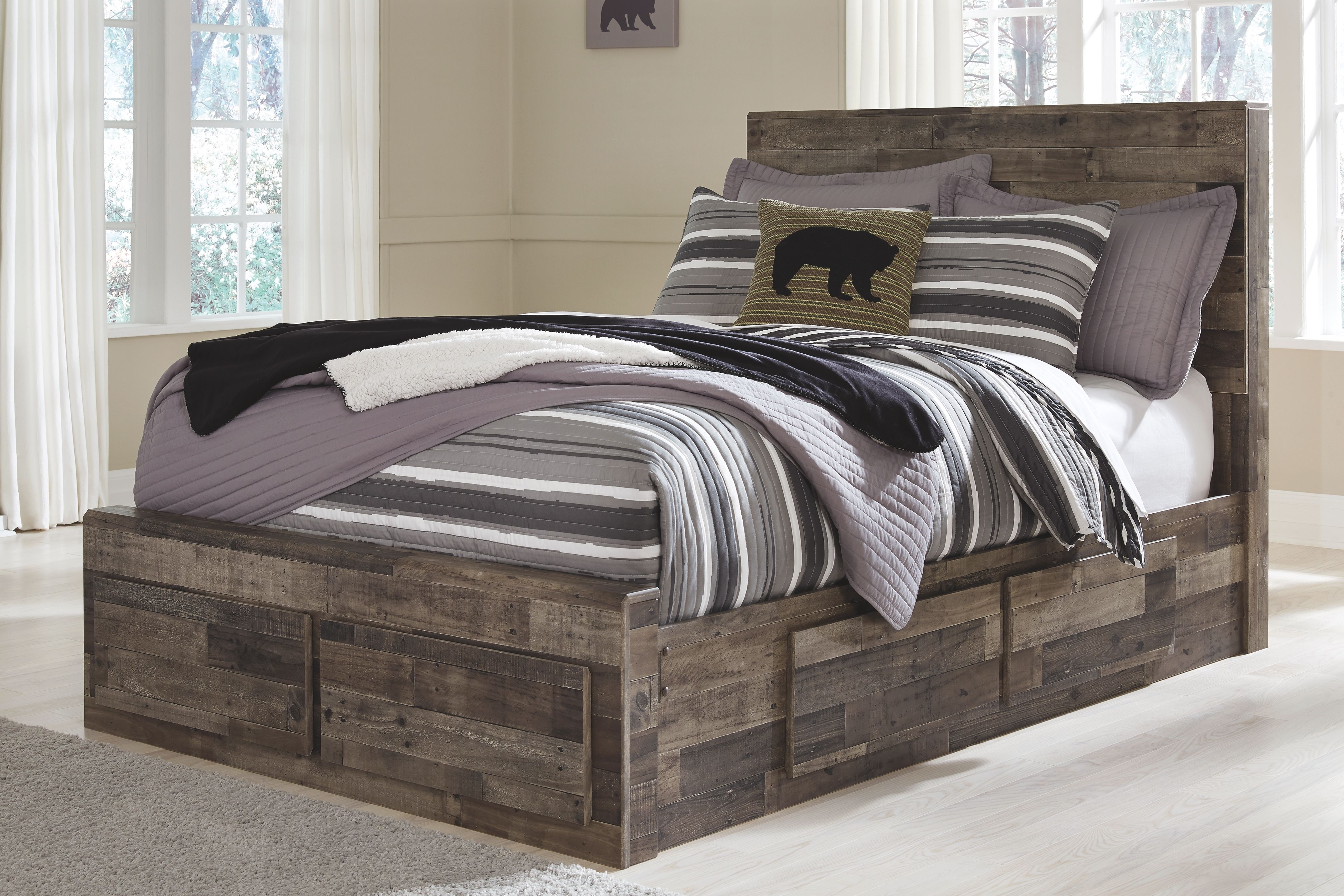 Derekson - 7 Pc. - Dresser, Mirror, Full Panel Bed with 2 Storages - Multi Gray