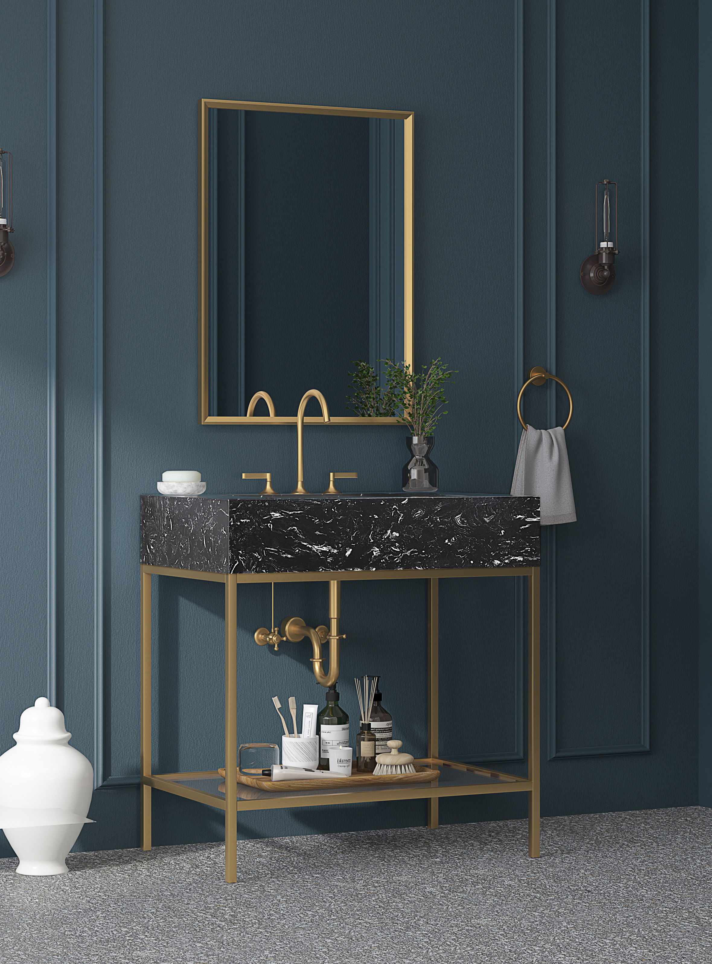 Marmo - 30" Engineered Marble Bathroom Vanity With Gold Base - Black