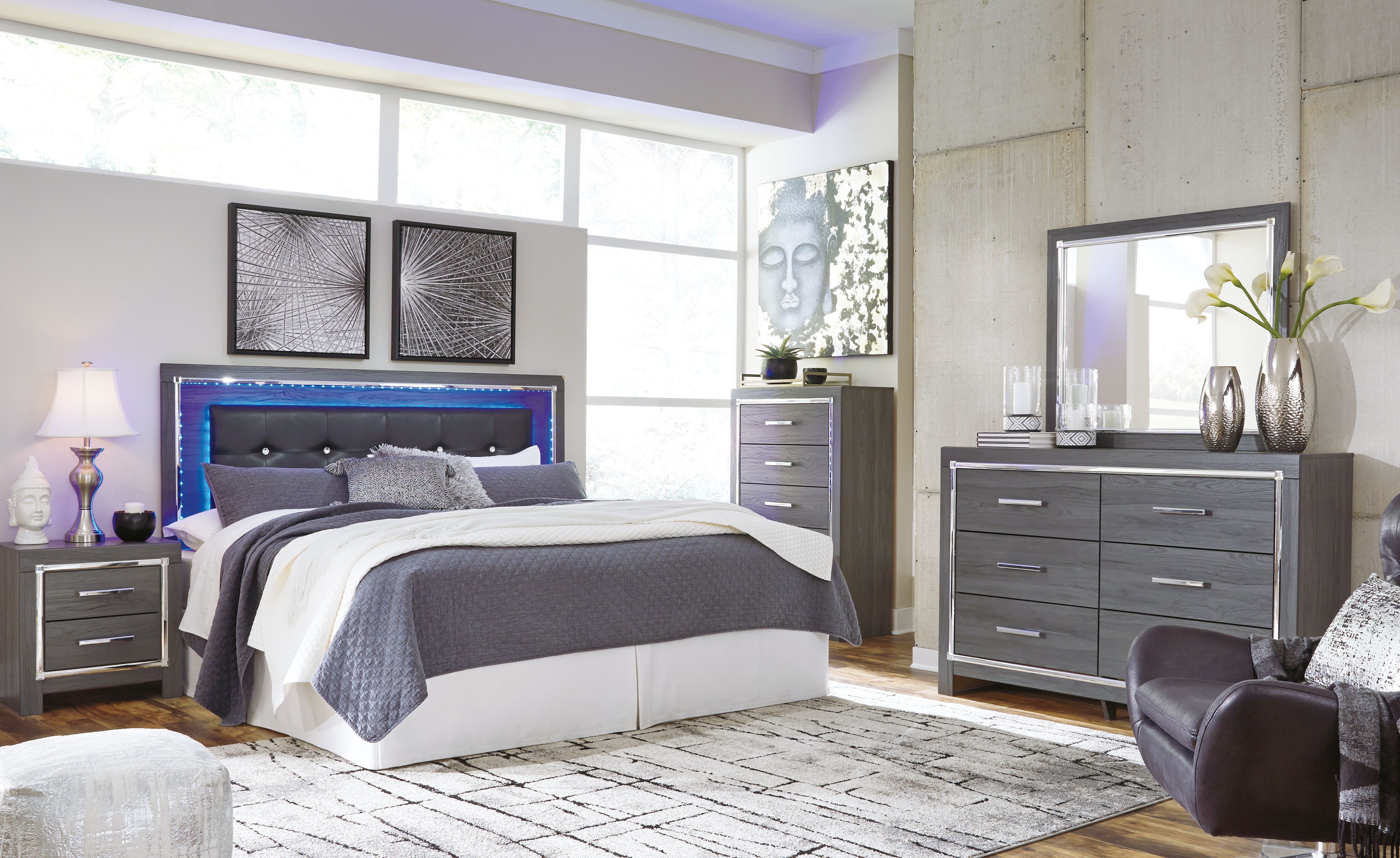 King · 4 Pc · Dresser, Mirror, King Upholstered Panel Headboard with Bolt on Bed Frame