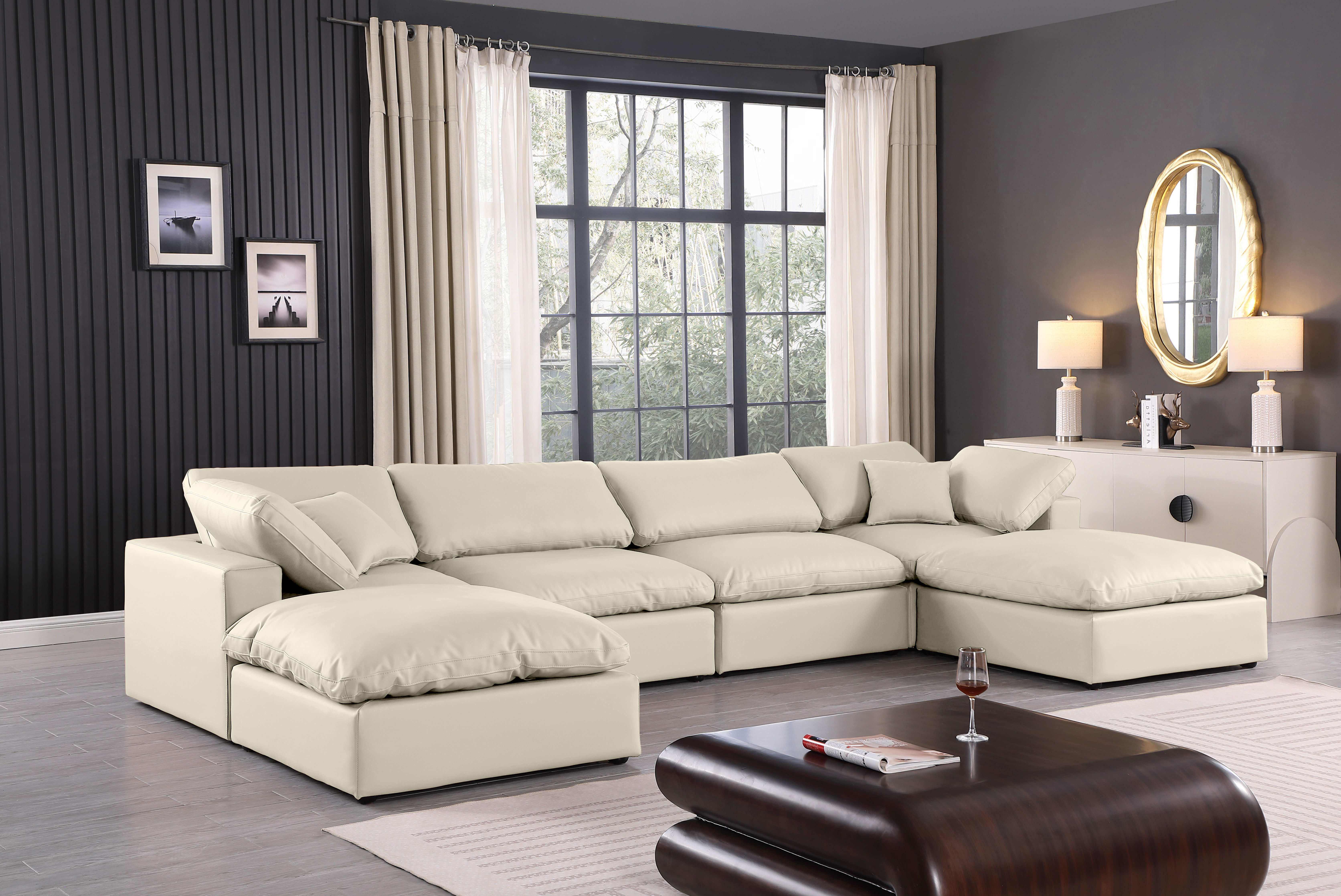 Comfy - 6 Piece Faux Leather Modular Double Chaise Sectional - Cream
