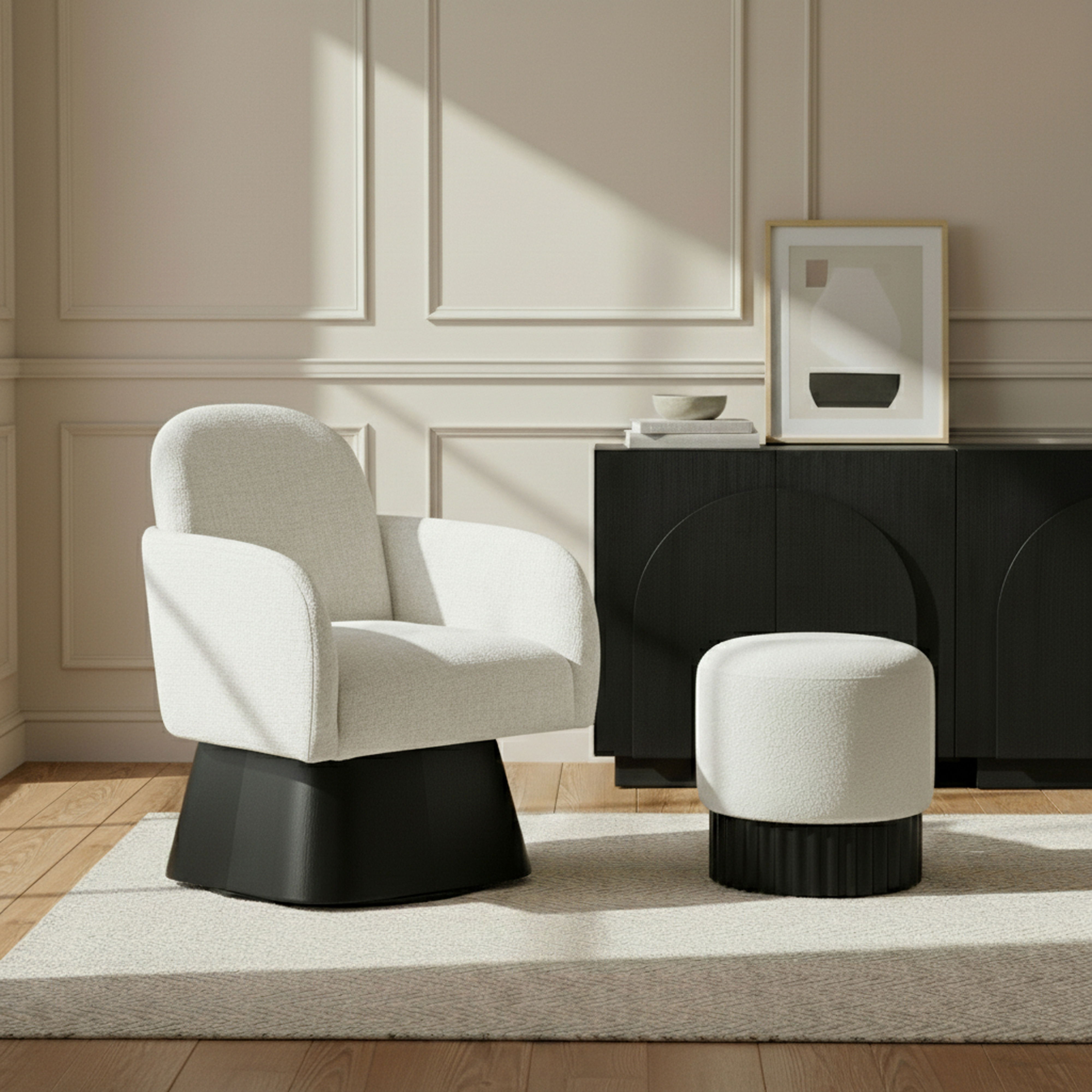 Marlowe - Linen Textured Fabric Upholstered Swivel Accent Chair - Cream / Stained Black