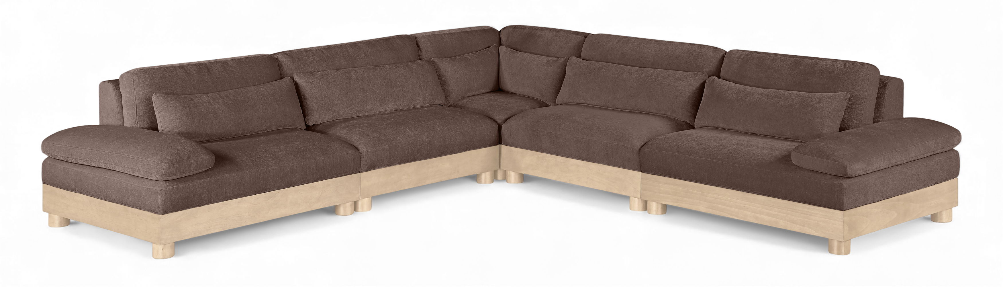 Turin - 127.75" Chenille Fabric Upholstered 5 Piece Modular Sectional (2 Armless Chairs, Corner Chair, Left Arm Chair, Right Arm Chair) - Brown / Natural Oak