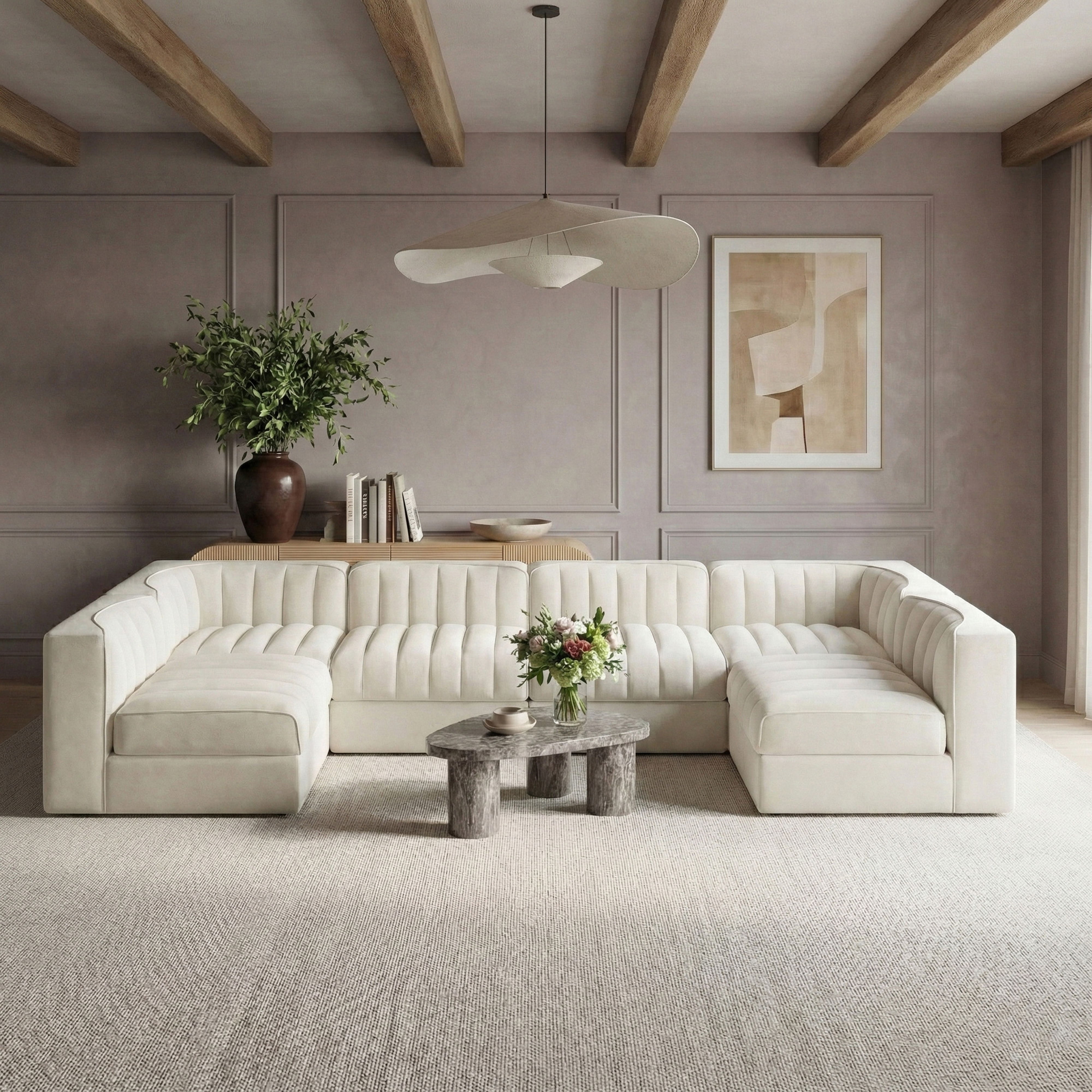 Rummi - Armless Velvet Performance Fabric Upholstered 6 Piece Modular Sectional - Cream