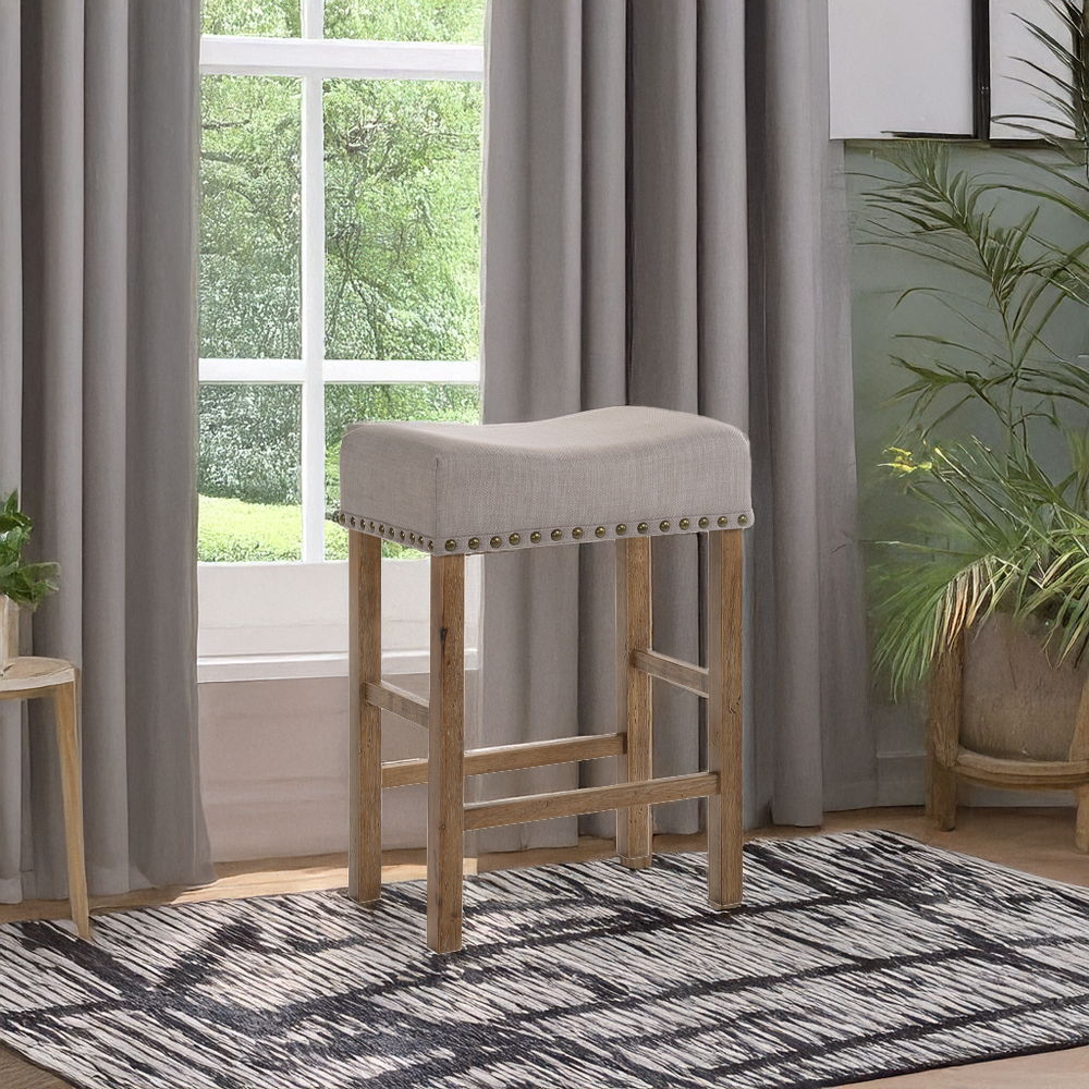 Martha II - Counter Height Stool (Set of 2) - Tan Linen & Weathered Oak, light brown