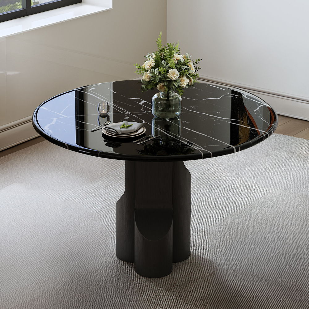 Kinton - Round Dining Table With Natural Marble Top - Black, black