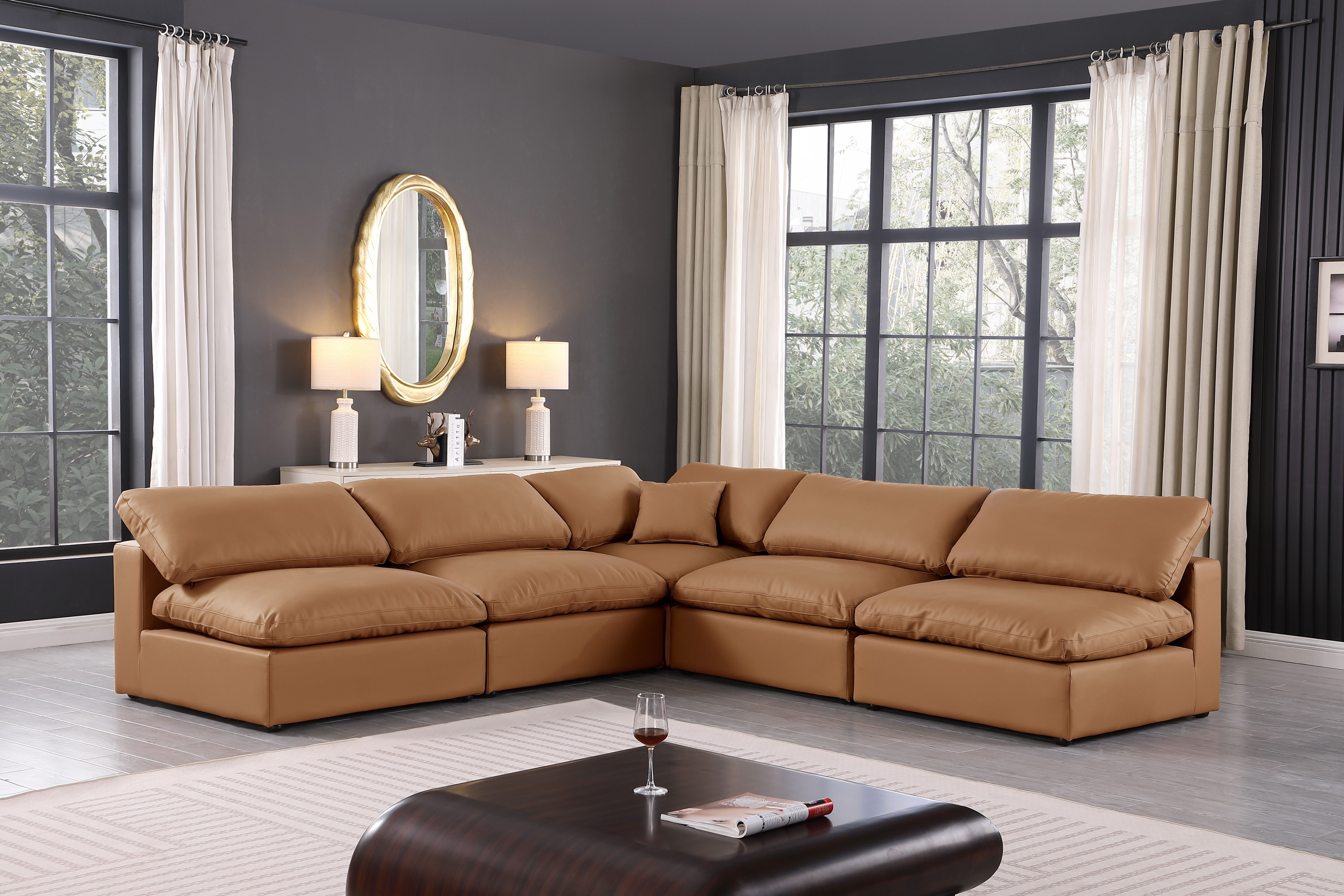 Comfy - 5 Piece Faux Leather Modular Corner Armless Sectional - Cognac
