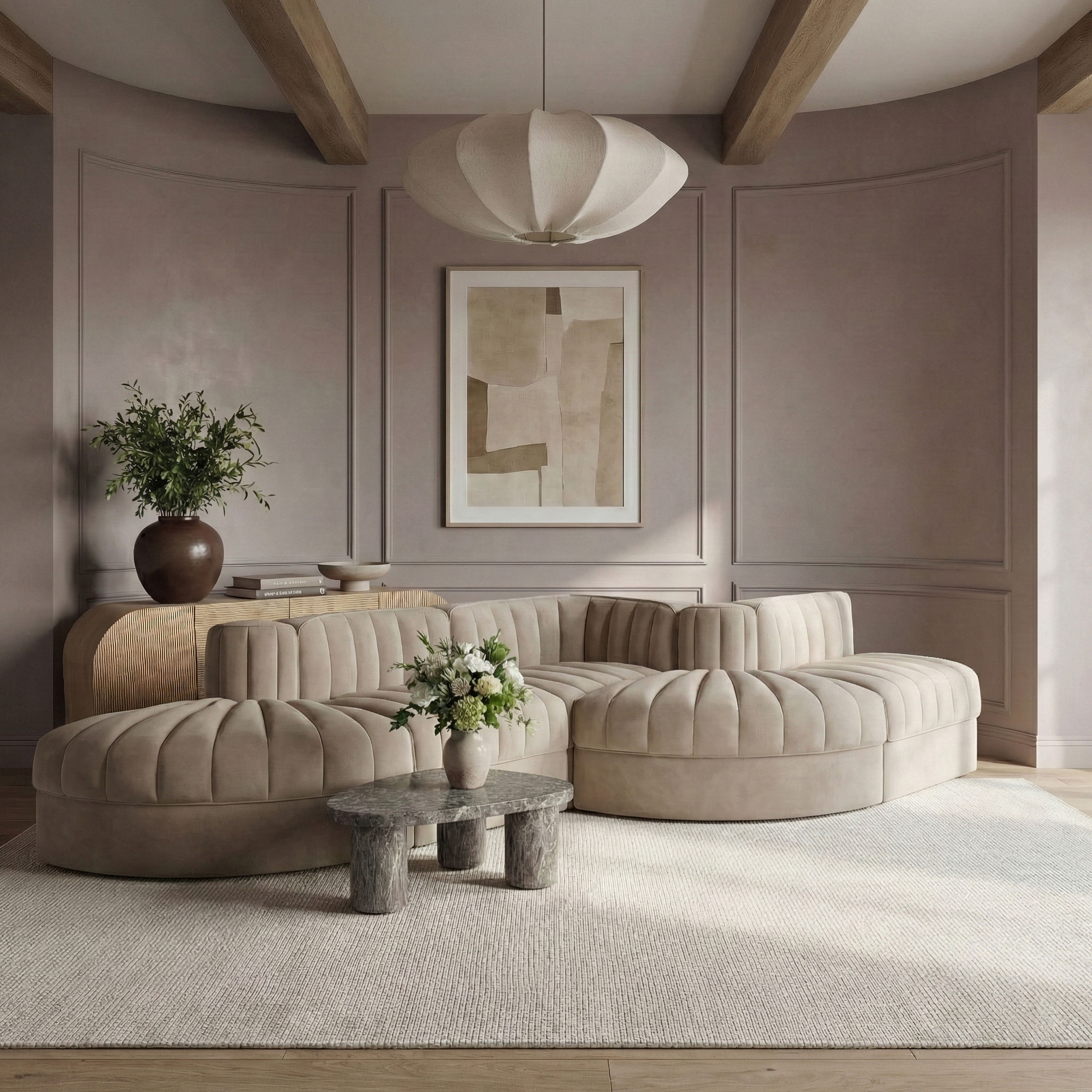 Rummi - Rounded Velvet Performance Fabric Upholstered 5 Piece Modular Sectional - Beige