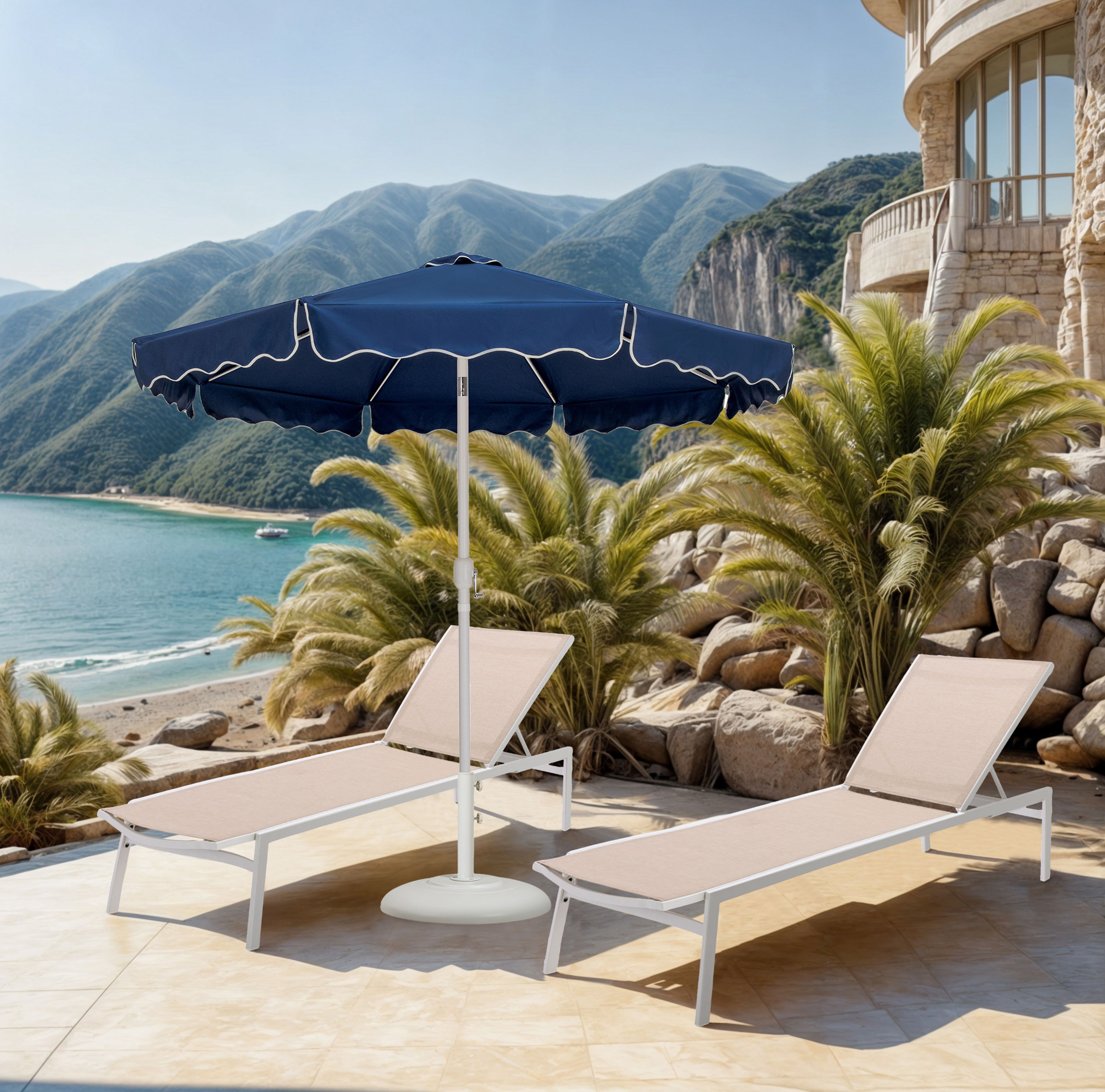 Amalfi - With Cream Piping Aluminum Patio Umbrella With White Base / White Pole - Navy