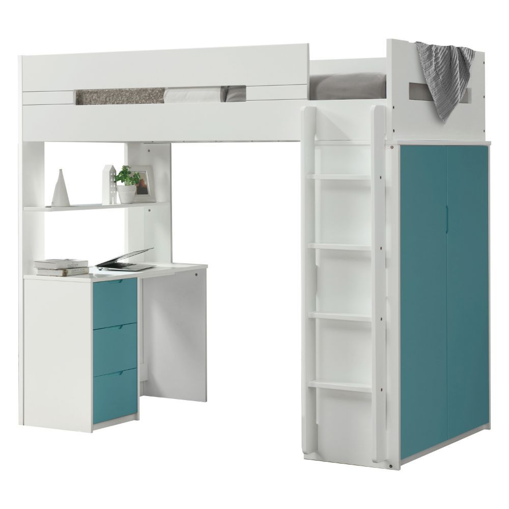 Nerice - Twin Loft Bed With Desk & Wardrobe - White & Teal, light blue