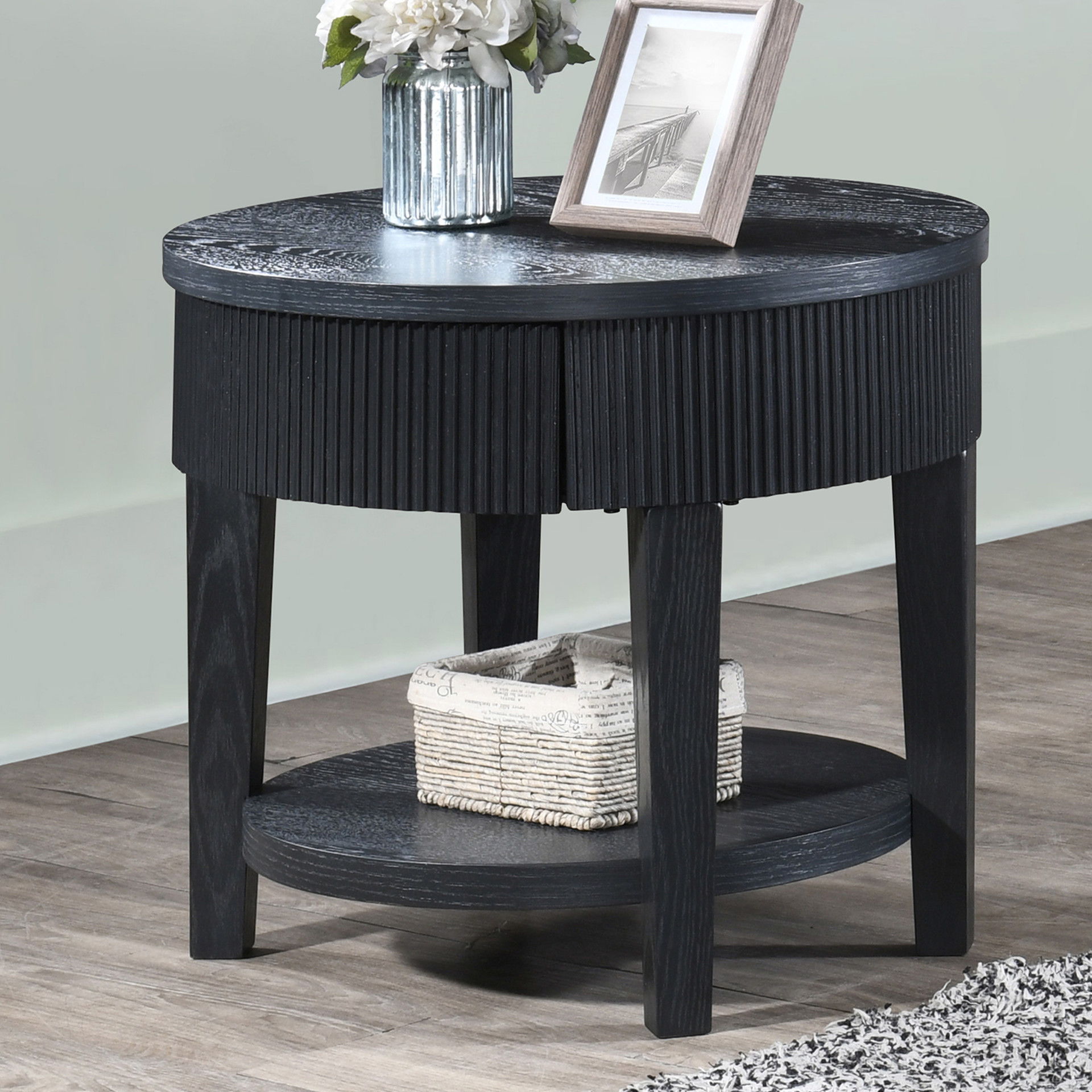 Tate - Round One Drawer End Table - Black, black, view 5