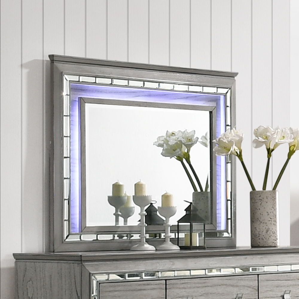 Antares - Mirror With LED - Light Gray Oak, gray