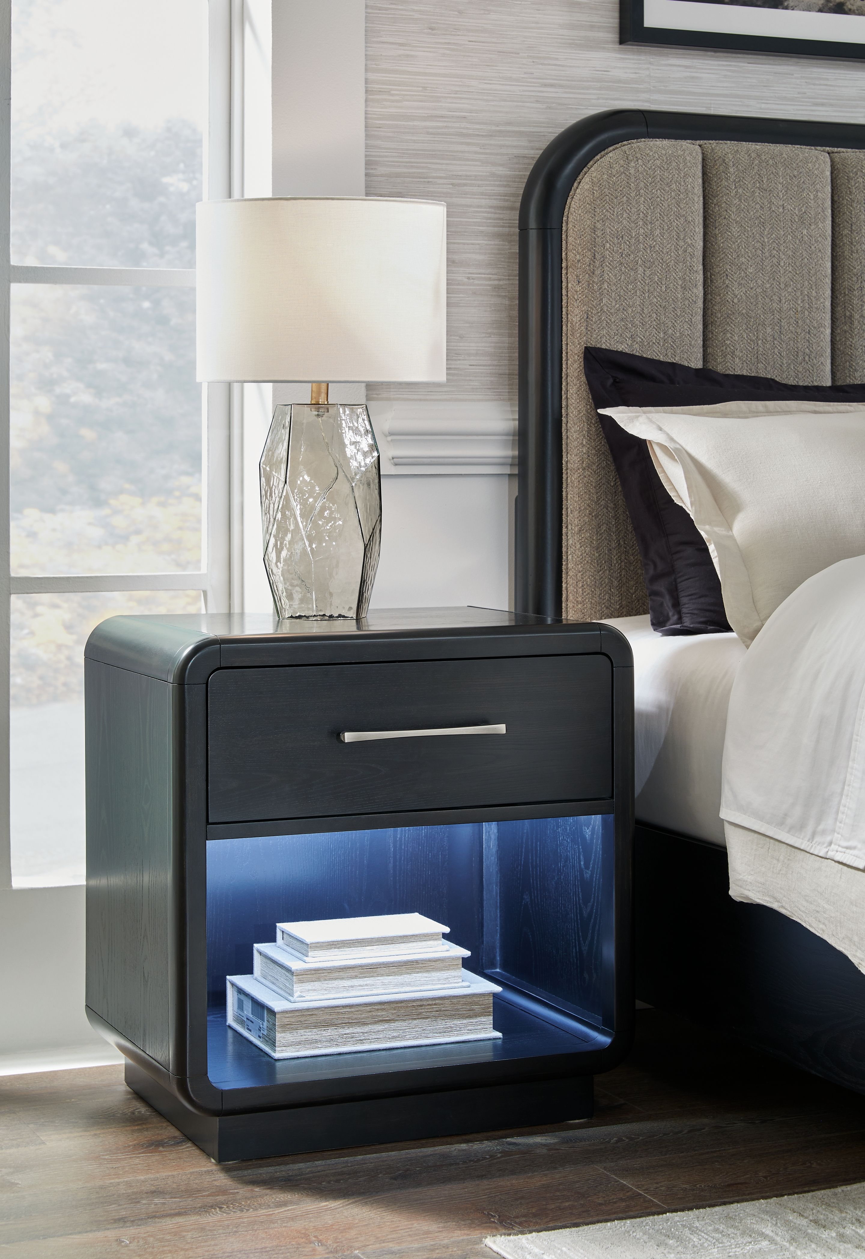 Ashley Furniture Rowanbeck - 6 Pc. - Dresser, Mirror, King Upholstered Panel Bed, 2 Nightstands - Gray / Black - Image 10