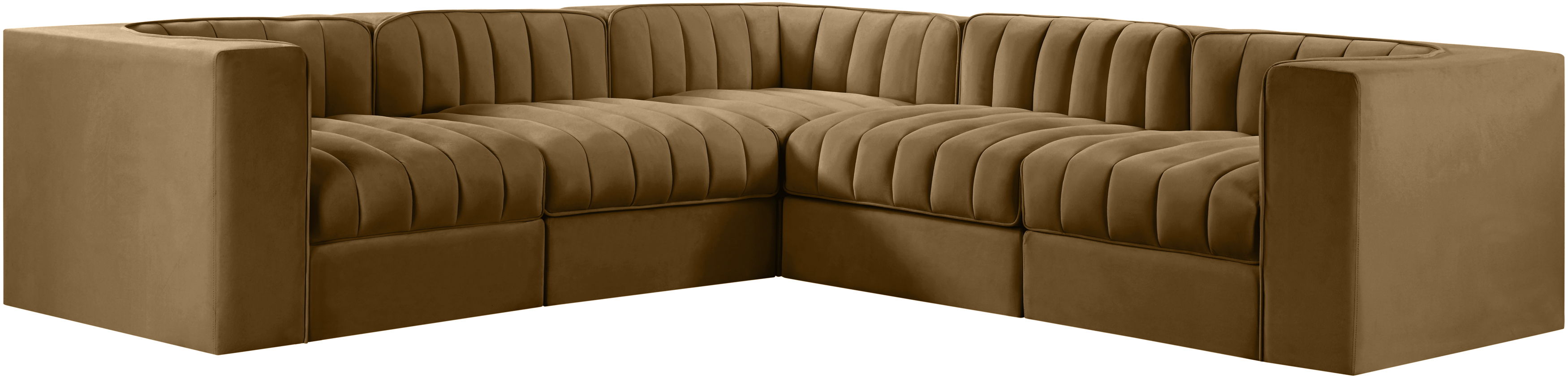 Rummi - Velvet Performance Fabric Upholstered 5 Piece Modular Sectional (With 3 Corner Chairs) - Saddle
