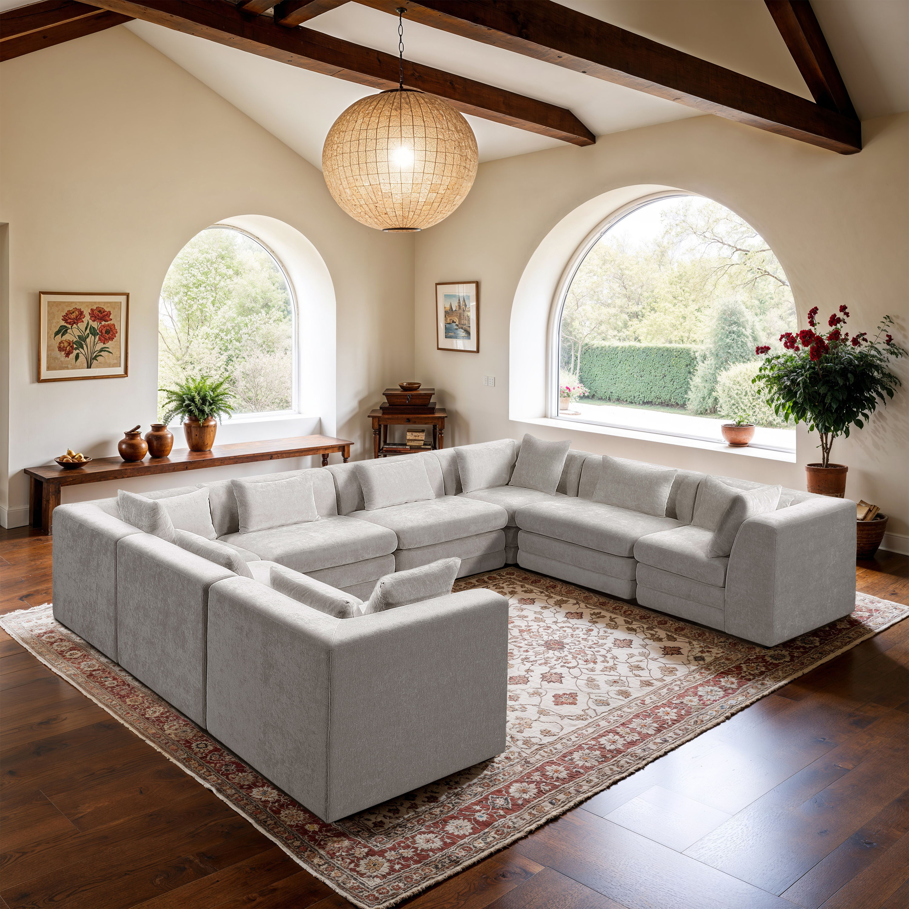 Stellar - 8 Piece Chenille Fabric 152" Upholstered Modular Sectional - Cream