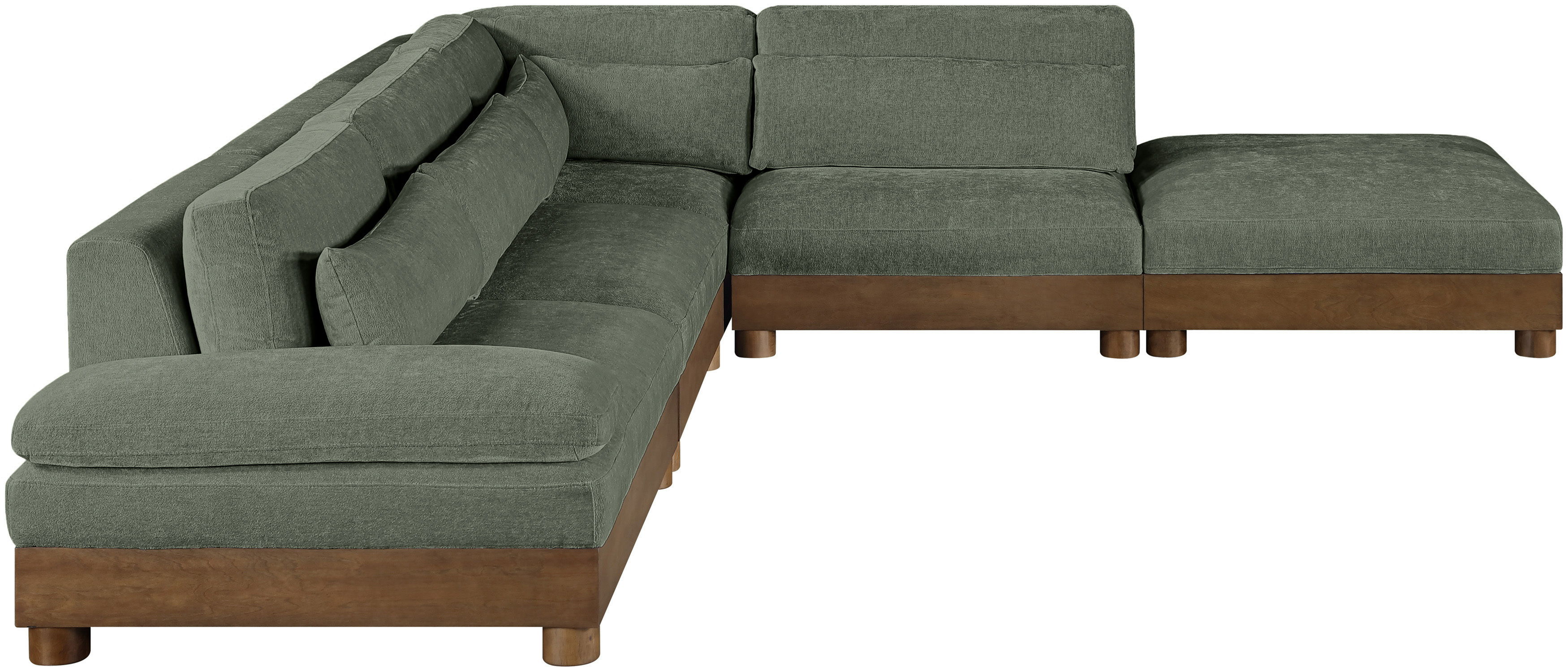 Turin - 120" Chenille Fabric Upholstered 5 Piece Modular Sectional - Green / Brown Walnut